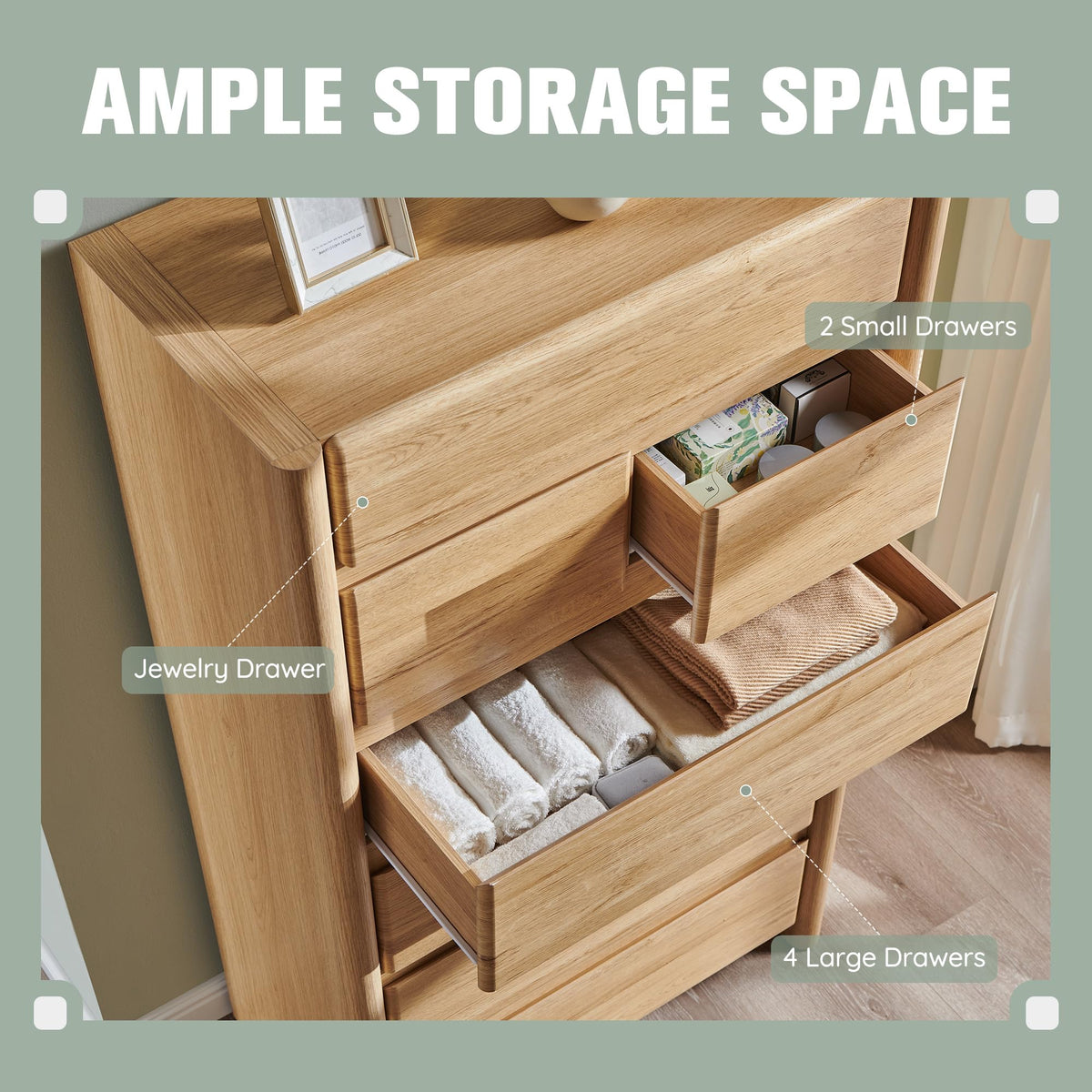wow97e Modern 7 Drawers Dresser for Bedroom, 54.7" Tall Large Dresser & Chests of Drawers w/Rounded Corner, Wood Handleless Organizer Dresser w/Natural Texture for Bedroom, Living Room-Natural