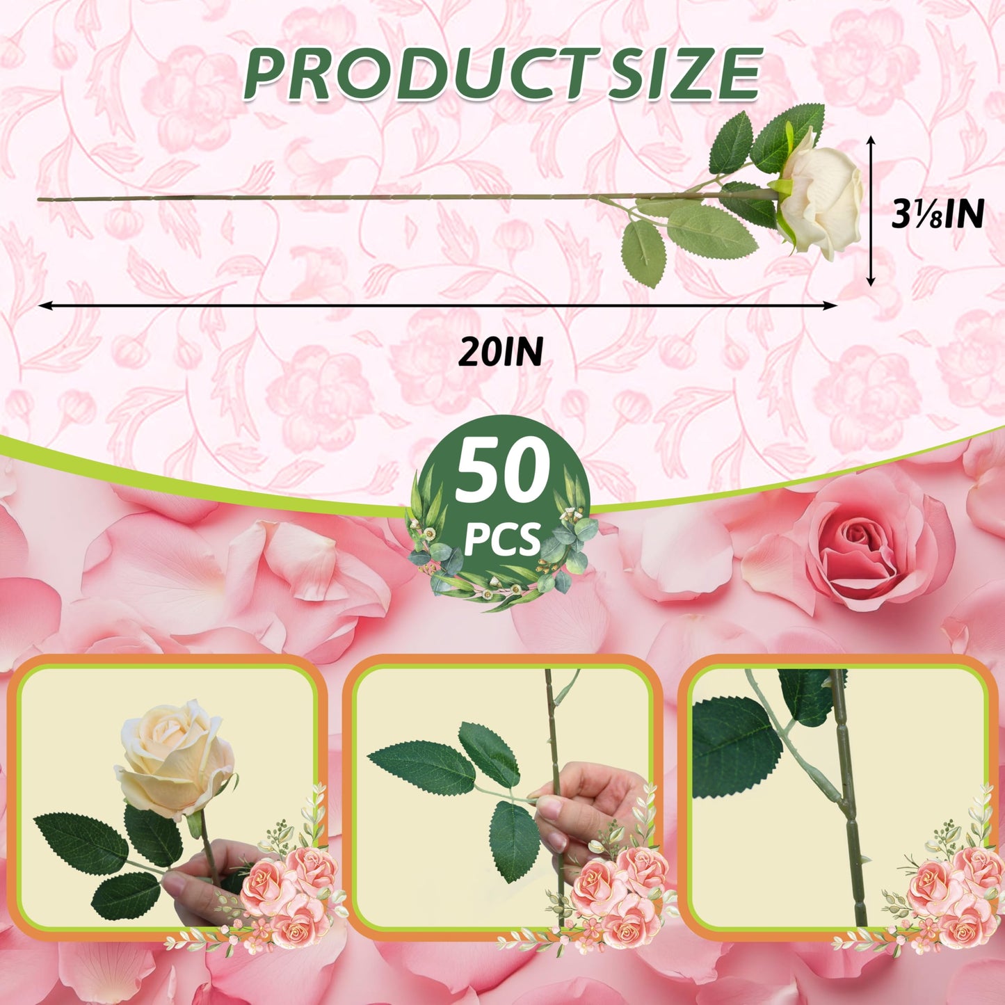 Jefuzh 50 PCS Fake Champagne Roses, Artificial Flowers Bulk Realistic Silk Faux Rose with Stems for Wedding Decorations, Bridal Bouquets, Mother's Day Thanksgiving DIY Floral and Home Decor