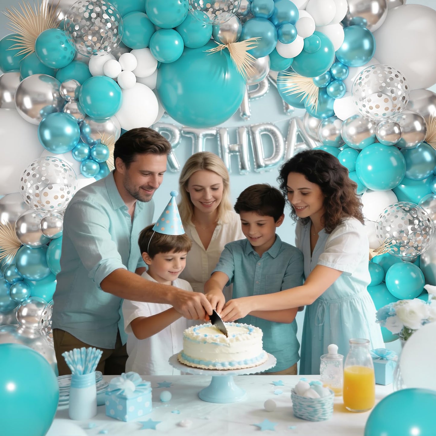 Ouddy Life Teal Silver White Balloons Arch Kit, 152 Pcs Turquoise Blue White Metallic Teal Silver Confetti Balloon for Graduation Wedding Bridal Baby Shower Birthday Anniversary Party Decorations