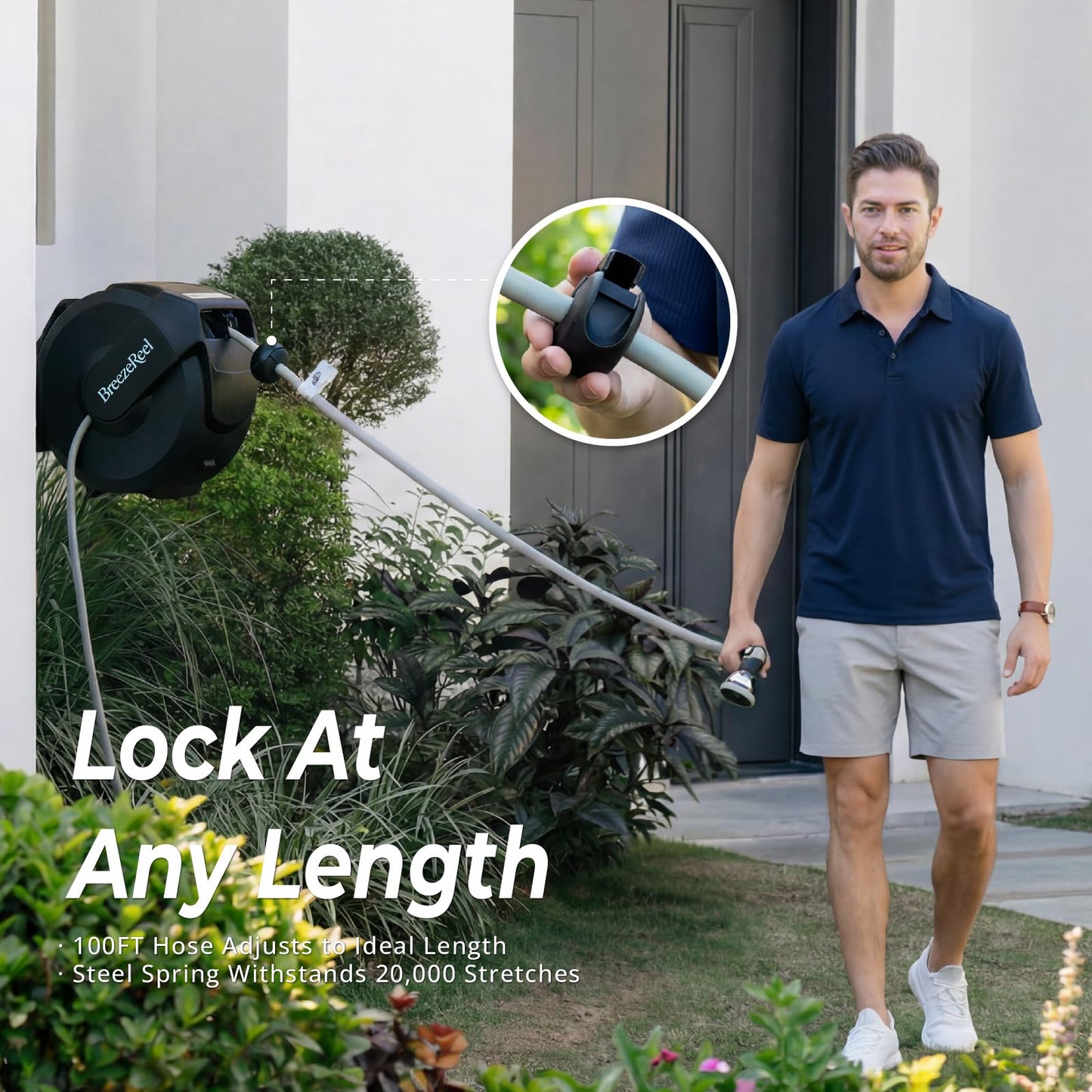 BREEZEREEL Retractable Garden Hose Reel 1/2 inch x 100ft, 3-Ply Reinforced Heavy Duty, Any Length Lock, 180° Swivel Bracket, Slow Return, Auto-Layering, 10 Spray Patterns for Outdoor Watering