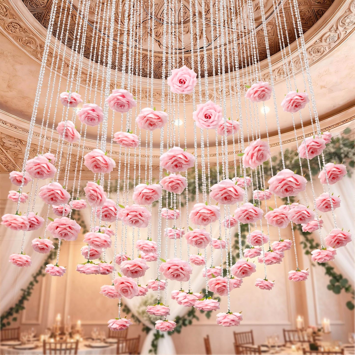 FYSUIMU 24Pcs 31.5 Inch Wedding Pink Artificial Rose Vine Garland Faux Flower Crystal Bead Hanging Garland for Valentine Birthday Wedding Party Decoration DIY Crafts Supplies