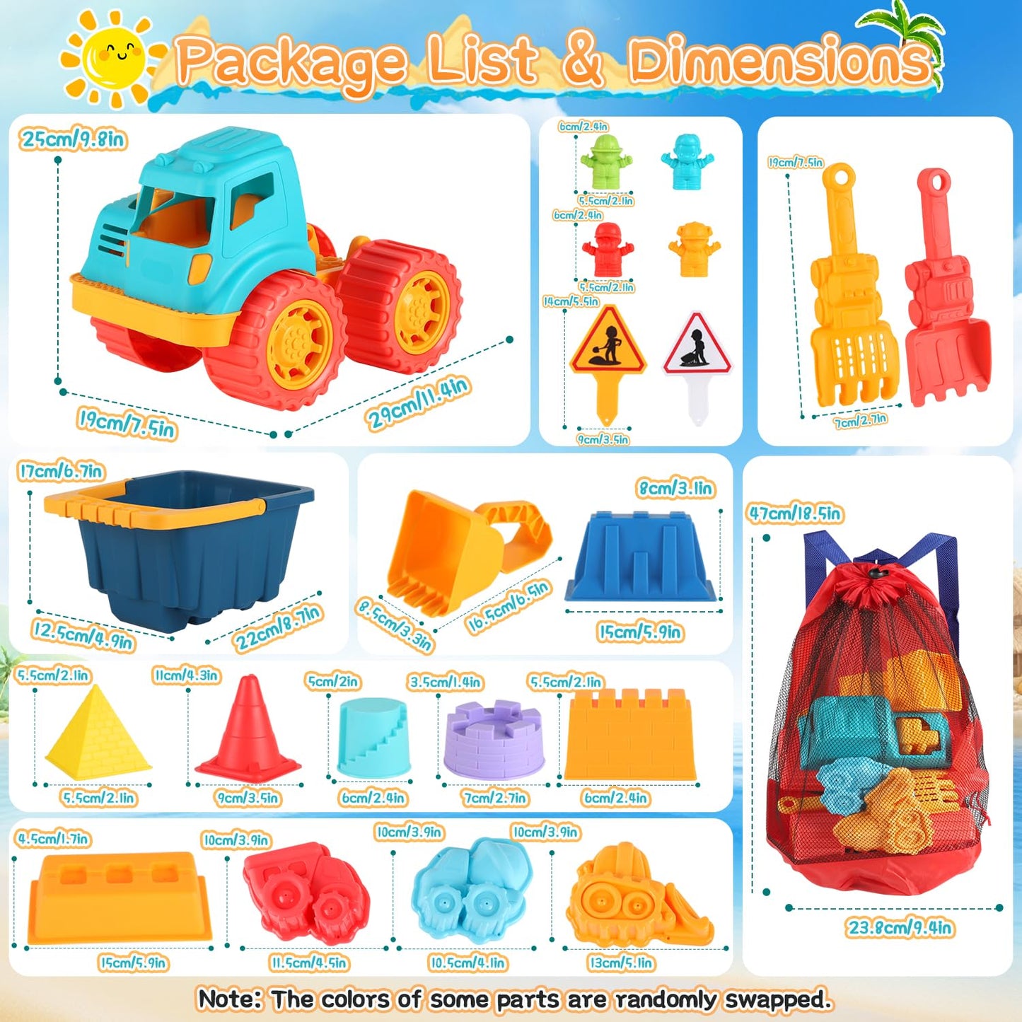 Elovien Beach Sand Toys, Large Dump Truck with Bucket, Sandbox Construction Toy Sand Castle Building Kit with Mesh Bag, Sand Molds, Shovels, Worker Figures, Kids Toddlers Summer Outdoor Travel Toys