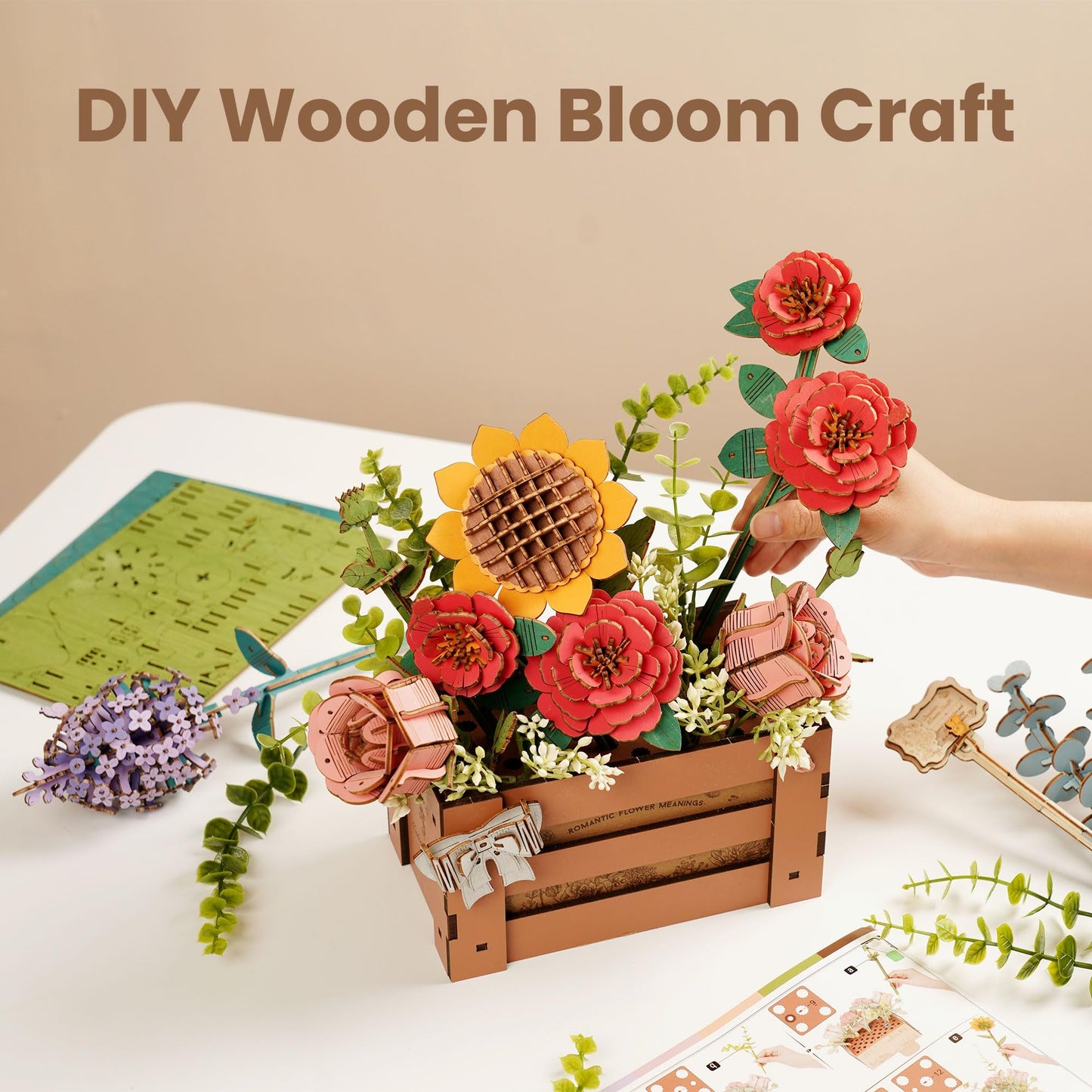 ROBOTIME 3D Wooden Bloom Box Puzzle, Adults' Flower Bouquet Building Set, Artificial Flowers Home Decor, Gift for Wedding/Mother's Day/Birthday, Wood Craft Kit
