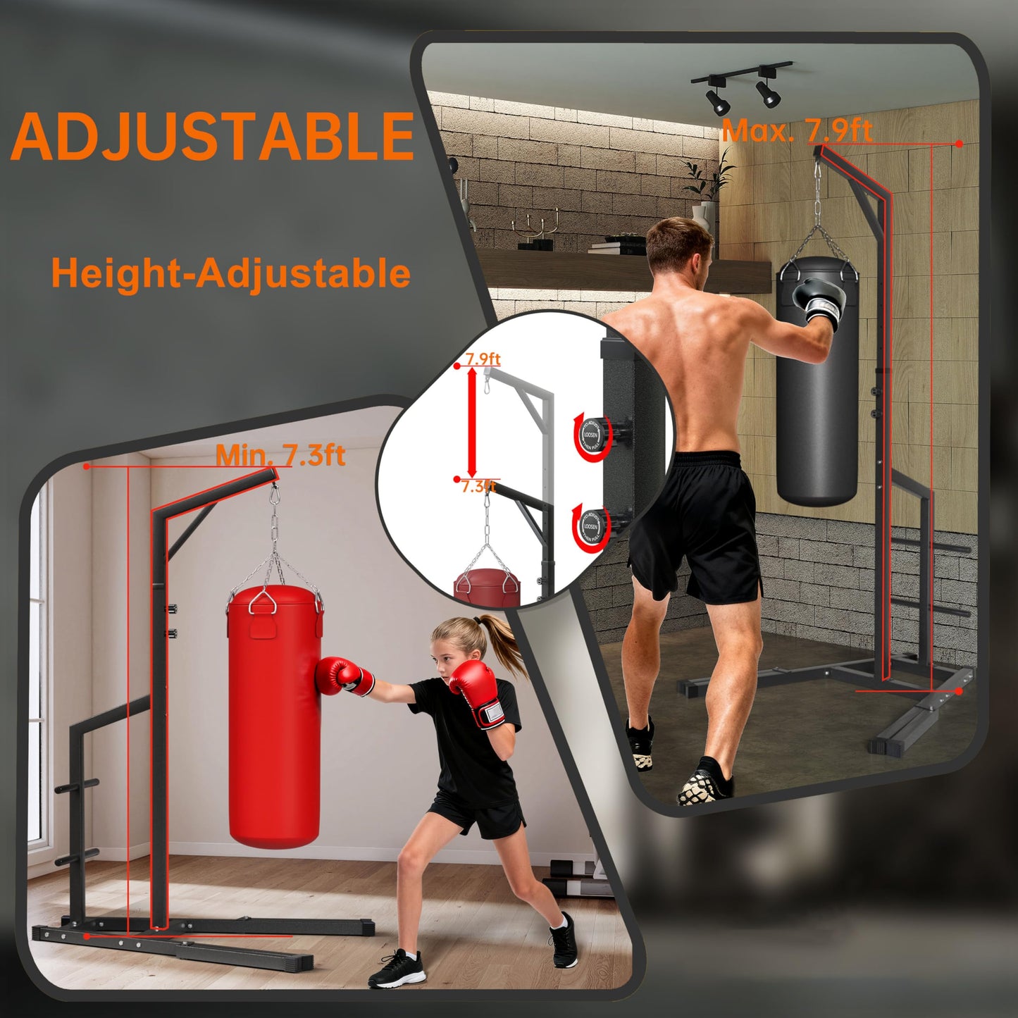 Heavy Duty Height Adjustable Heavy Bag Stand, 50 x50mm Steel Boxing Bag Stand with Weighted Base, Freestanding Punching Bag Holder for Home & Gym