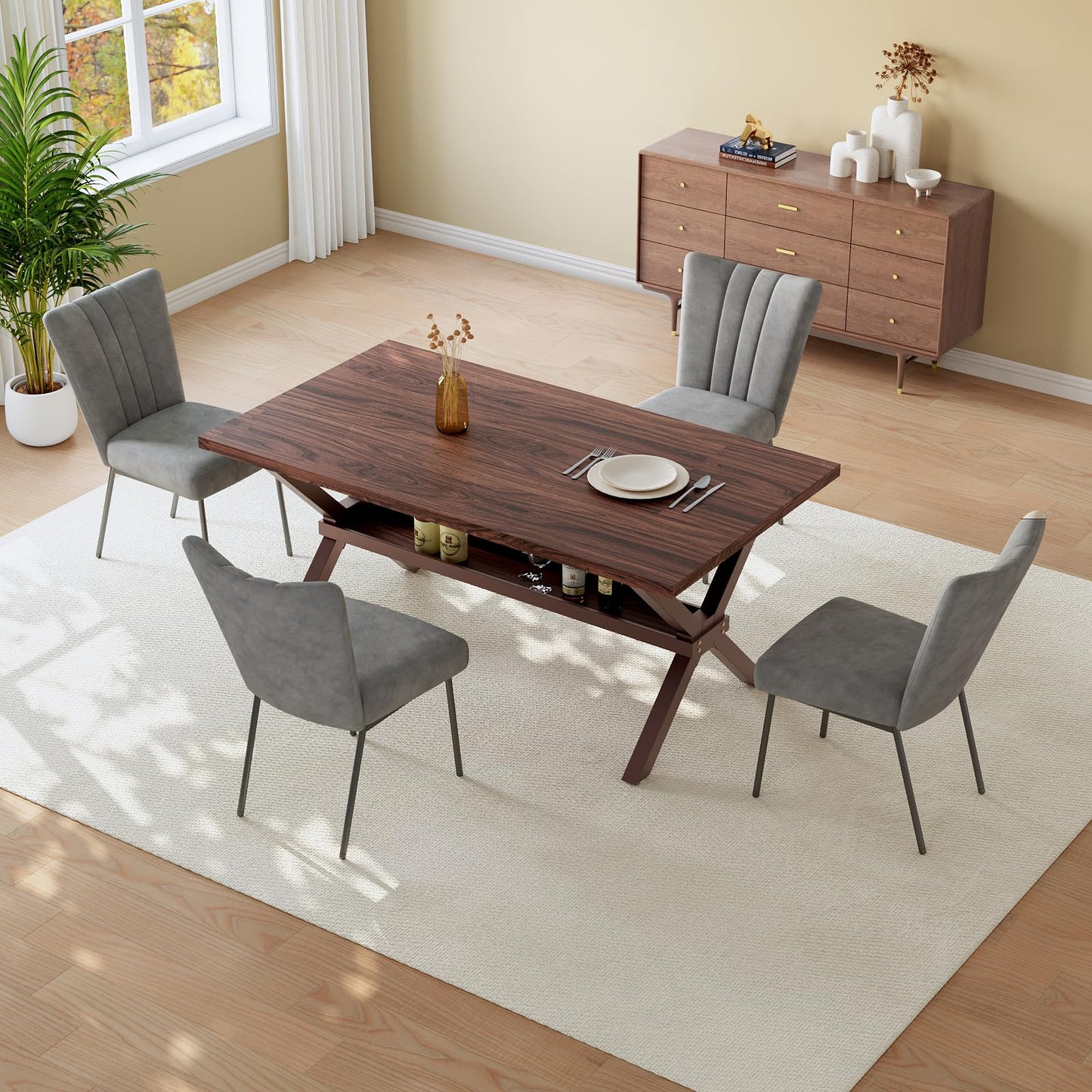 HIPIHOM 63" Dining Table for 4, MDF Kitchen Table with Dining Chairs, Strong Metal Legs, Ideal for Kitchen Living Room
