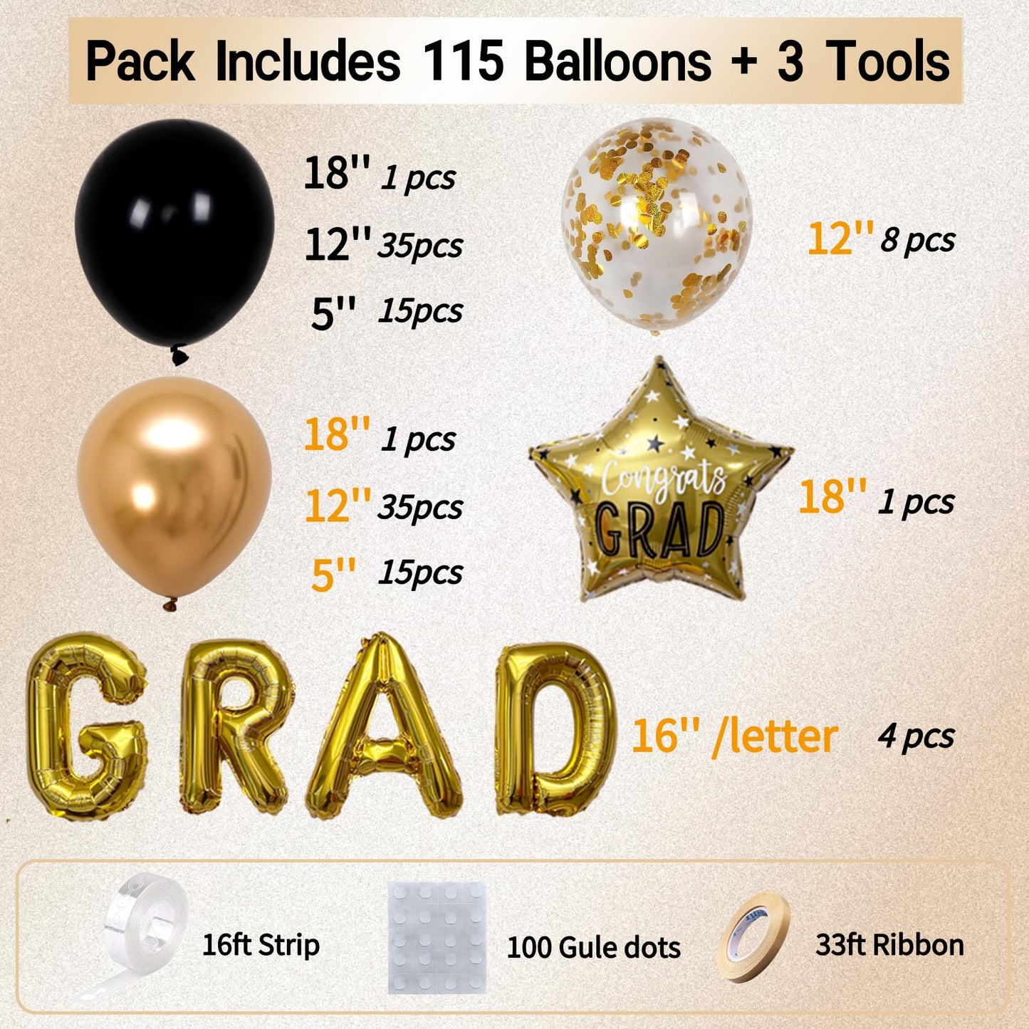 Visondeco Graduation Balloon Arch Kit - 115Pcs Black Gold Graduation Balloon Garland with GRAD Letters and Star Foil Balloons for Class of 2026 Grad Prom Party Decor