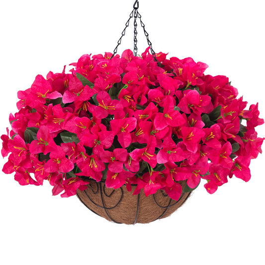 Artificial Fake Hanging Flowers Plants Basket for Outdoors Spring Summer Decoration, Faux Silk Bougainvillea Flowers in Planter UV Resistant Realistic for Outside Porch Patio Garden Yard Home, Hotpink