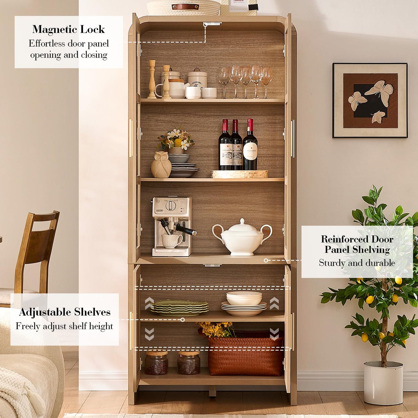 EliteSet 77" Tall Kitchen Pantry Cabinets, Wooden Curved Storage Cabinets with 2 Adjustable Shelves, 1.18'' Panel Freestanding Cupboard for Dining Room, Living Room, Bathroom, Oak, 1Pcs