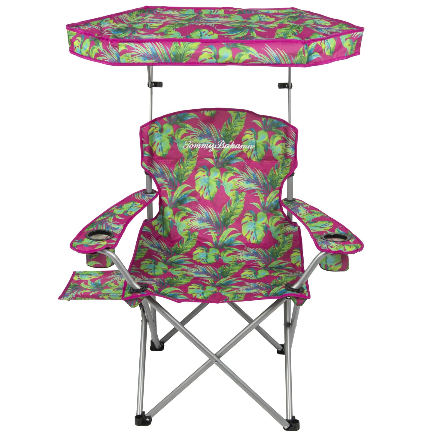 Tommy Bahama Extra-Wide Folding Beach Chair with Max Shade Canopy, Side Table, and Cup Holders, 25" W Outdoor Portable Camping Chair with Canopy, Supports up to 500 lbs., Pink/Green