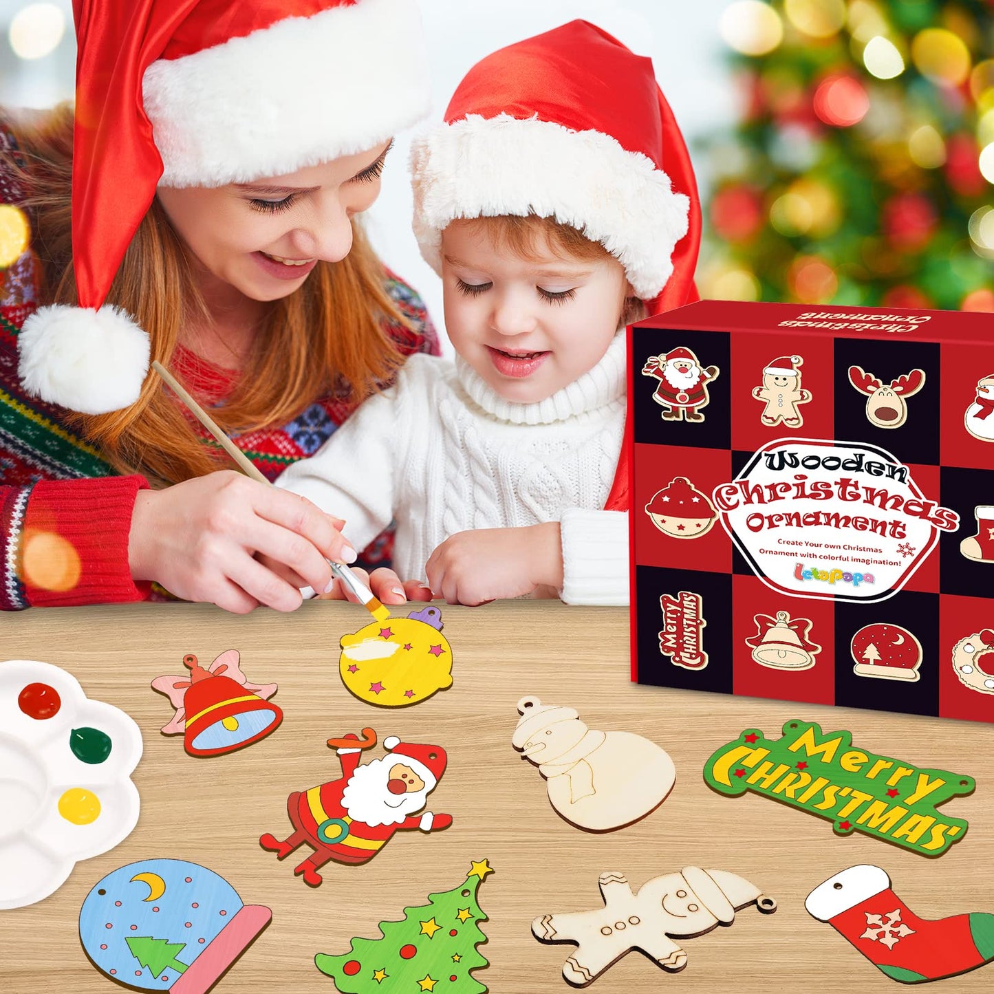 Christmas Crafts for Kids,36 Pcs Wooden Christmas Ornaments with Ropes for Hanging Decoration, 12 Styles Unfinished Wood Slices with Hole, DIY Ornament Craft for Boys & Girls Aged 5 6 7 8 9 10 11 12