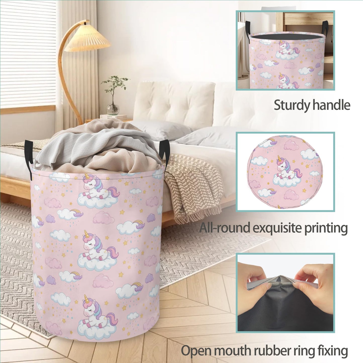 Cute Pink Unicorn Round Laundry Hamper Storage Basket Toys Clothes Organizer Bin For Home Bathroom Bedroom Dorm Nursery
