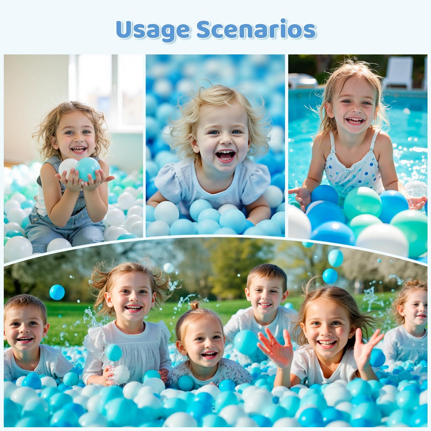 MoonxHome Ball Pit Balls for Toddlers & Dogs, BPA Free Crush Proof Plastic Toy Balls for Ball Pit, Children's Pool Water Toys, Ocean Balls for Play Tent 2.15 Inch Pack of 200 White&Green&Blue