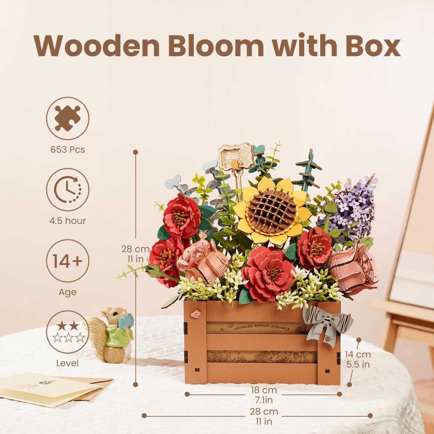 ROBOTIME 3D Wooden Bloom Box Puzzle, Adults' Flower Bouquet Building Set, Artificial Flowers Home Decor, Gift for Wedding/Mother's Day/Birthday, Wood Craft Kit