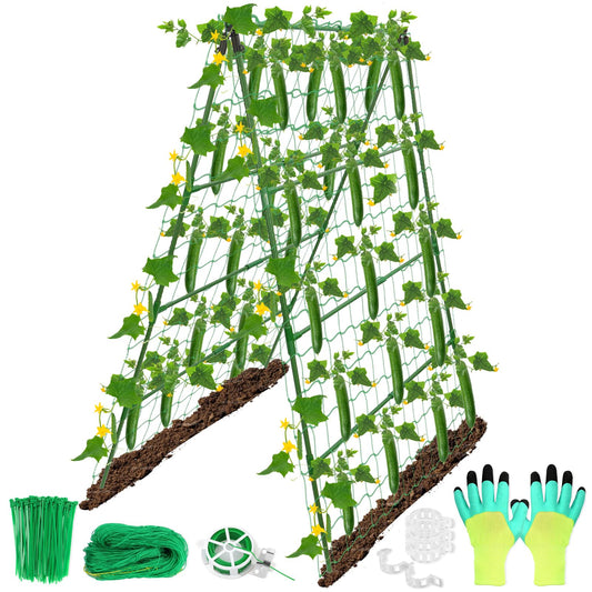 32 x 53 Inch Cucumber Trellis for Climbing Plants Outdoor A-Frame Garden Trellis for Raised Bed Detachable Sturdy Garden Plant Support Trellis for Small Plant Vegetable Flower Grape with Climbing Net