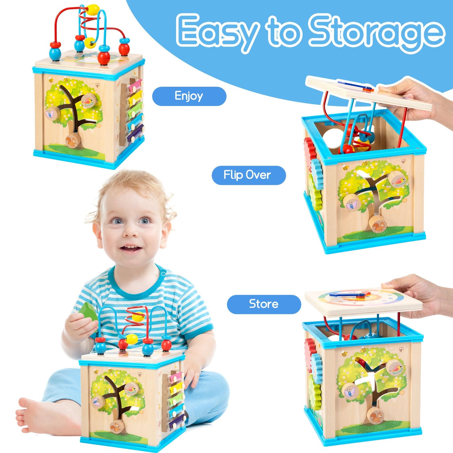 WOODMAM Wooden 7-in-1 Activity Cube, Montessori Toys for 1 Year Old Toddlers, Baby Educational Developmental Toys, One Year Old Boys Girls First Birthday Gifts with Bonus Sorting & Stacking Board