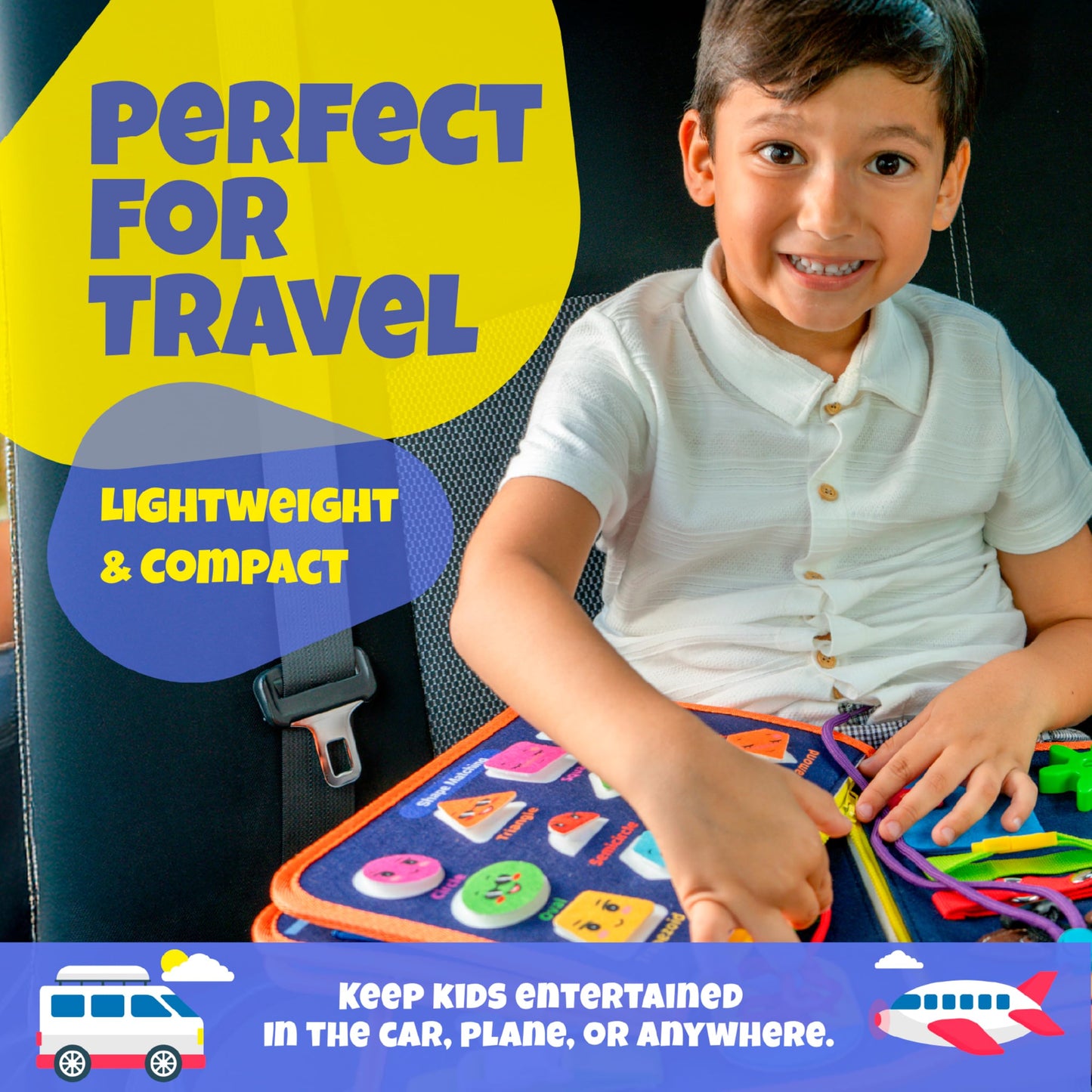 Ibenji Montessori Busy Book for Toddlers – Sensory Learning Toy with Zippers, Buckles, Letters, Numbers & Puzzles – Travel Quiet Book for Airplane & Car