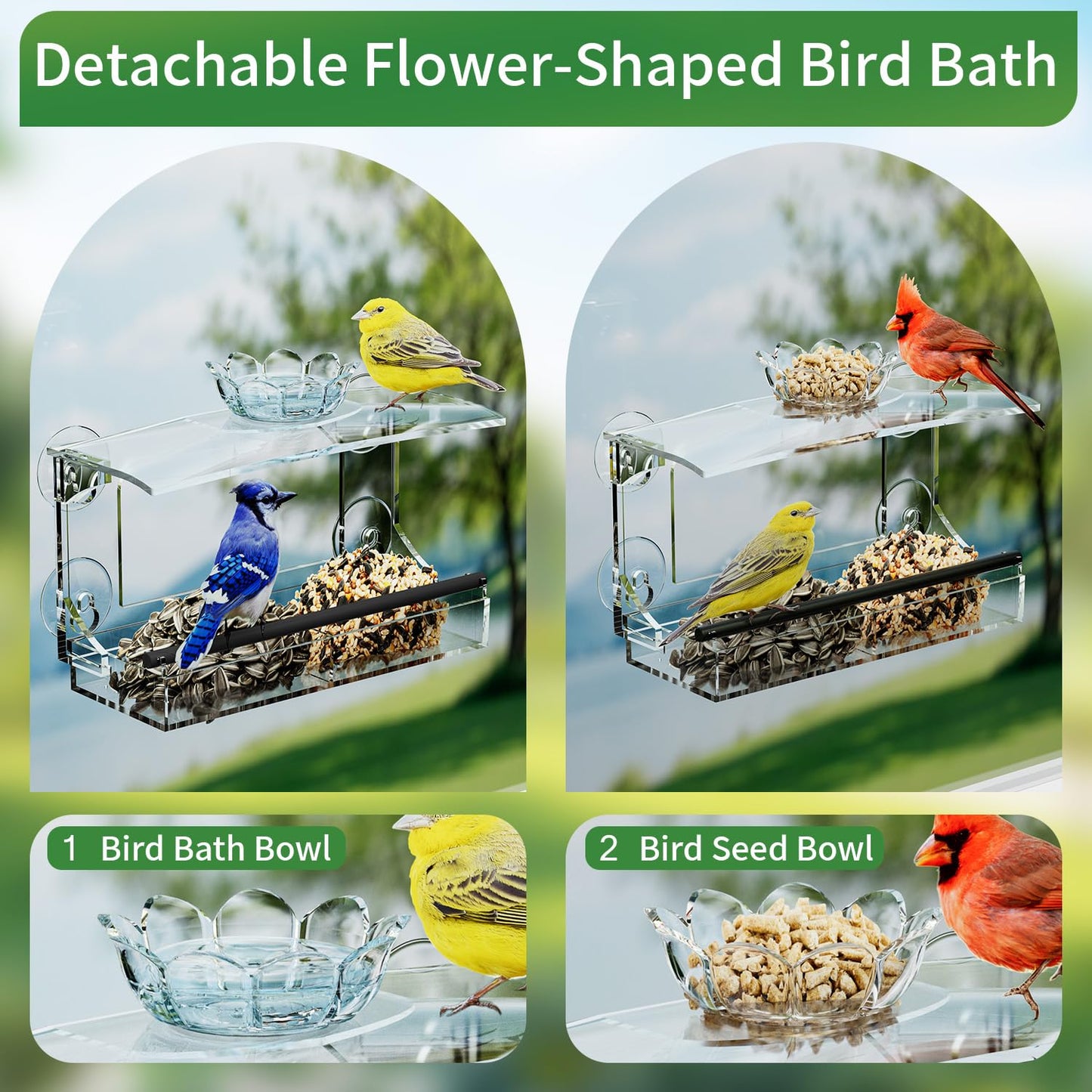 TC-DCDM Window Bird Feeder for Outdoors-Clear Acrylic Window Bird Feeders with Strong Suction Cups and Removable Seed Tray,Transparent Birdhouse for Viewing Wild Birds, Ideal Outside Gardening Gifts