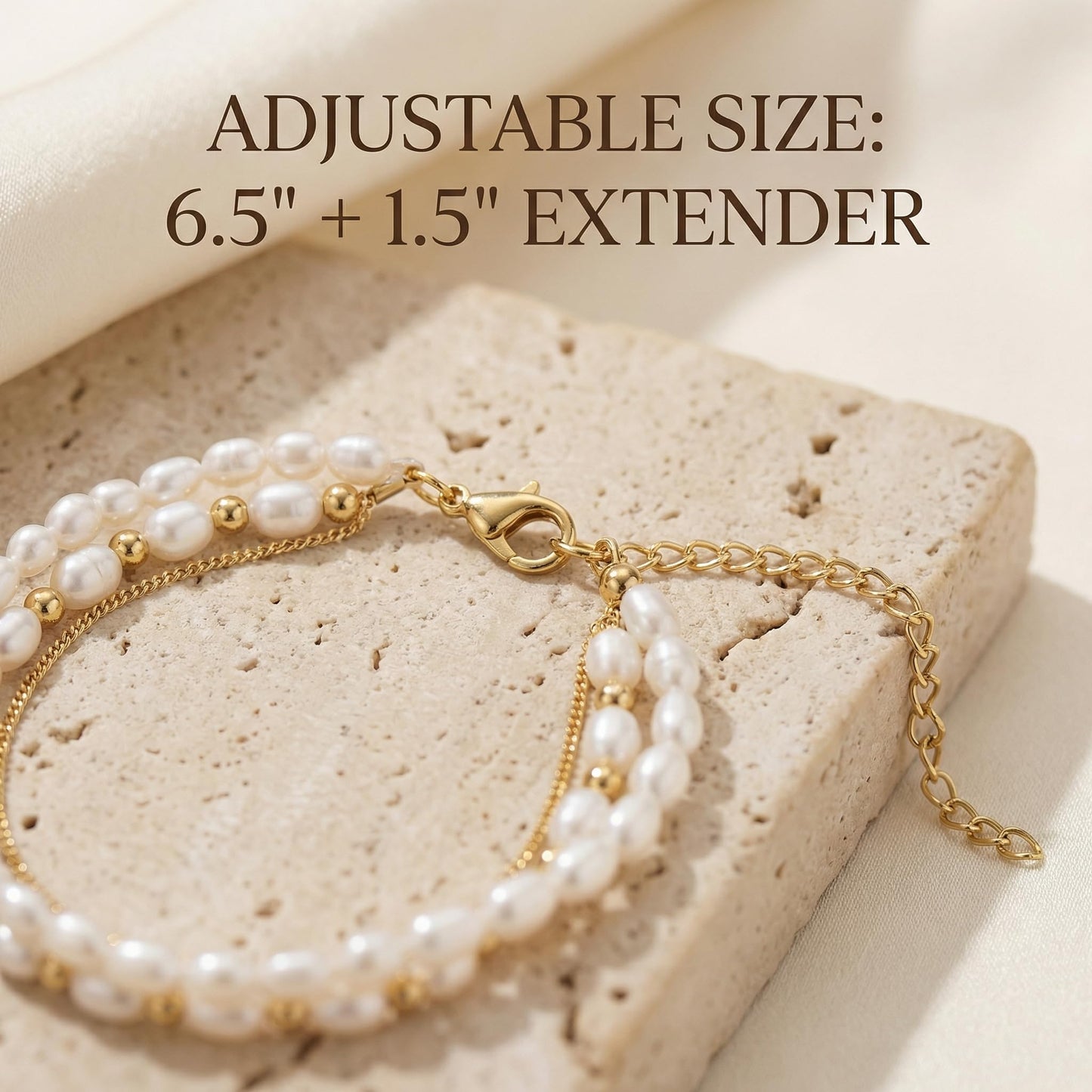 Pearl Bracelets for Women - 3 Pcs Gold Tone Dainty Beaded Bracelet Set - Minimalist Layered Simulated Pearl Link Chain Jewelry for Wedding Bridesmaid Party (White & Gold)