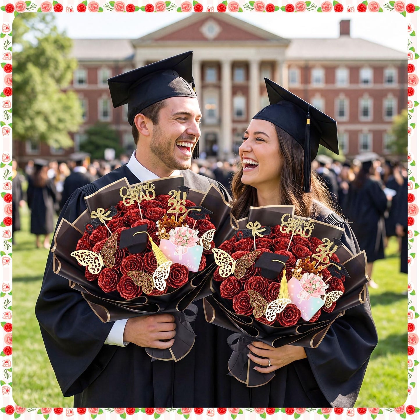 Maysing 48 Pcs Red Glitter Rose Bouquet DIY Kit, Graduation Gifts for Her Class of 2026, Sparkly Artificial Flowers with Crown 3D Butterflies and Cards, Class of 2026 Senior Graduation Bouquet