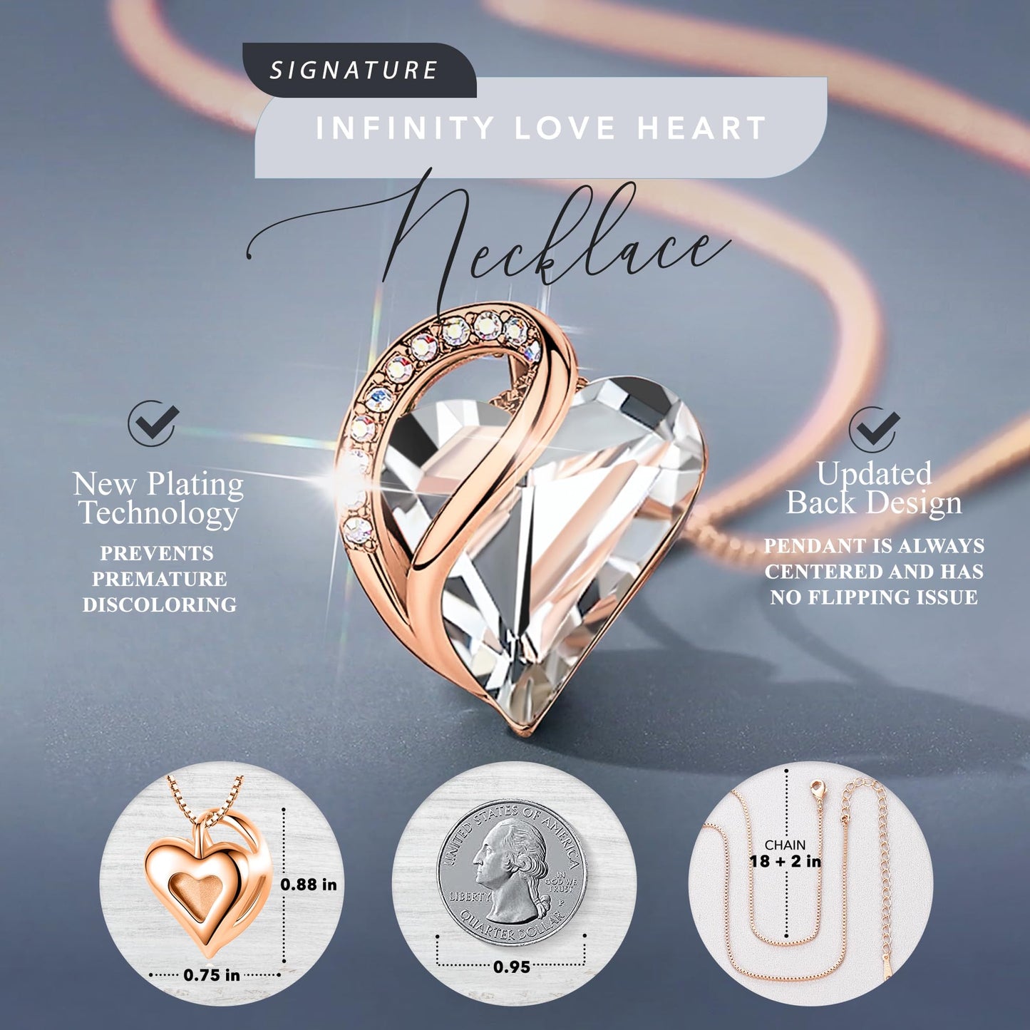 Leafael Gifts for Women Rose Gold Plated Necklaces: Heart Clear White Crystal, April Birthstone, Hypoallergenic Chain (18"+2"), Birthday Jewelry for Mom, Wife, and Girlfriend