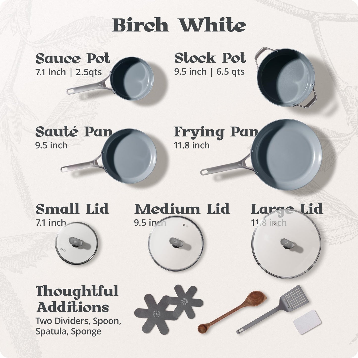 Premium Non-Toxic Ceramic Cookware Set – Triple-Layer Nonstick 12 Piece Pots and Pans with Lids, PFAS-Free, Oven Safe for Healthy Meals, Space-Saving Design, Birch White Color | Greater Goods