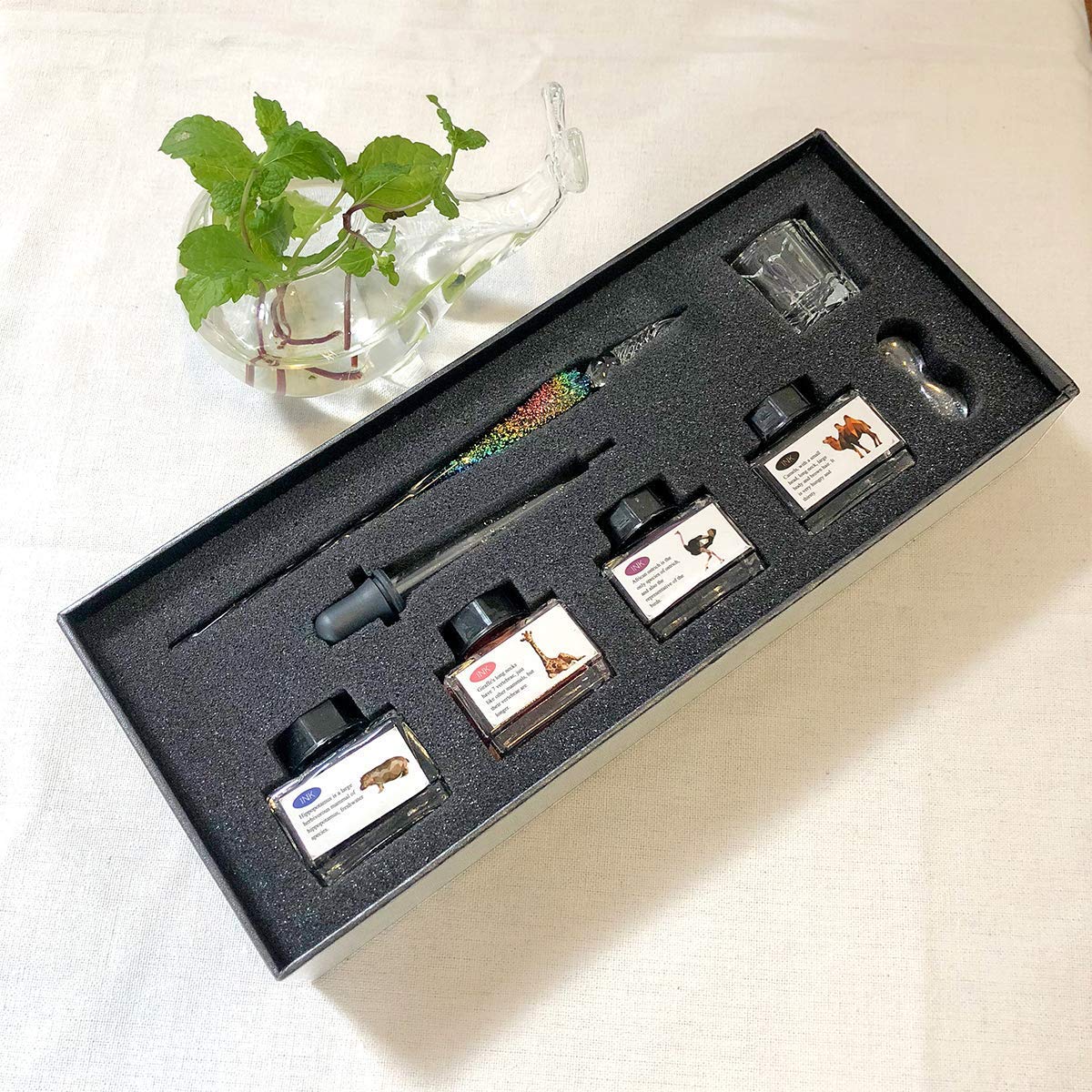 ESSSHOP Handmade Glass Dip Pen and Ink Set - 15ml Color Inks Pen Holder Cleaning Cup Ink Drip Tool Crystal Signature Dipped Pen Kit for Art Writing Calligraphy Christmas Day Gifts