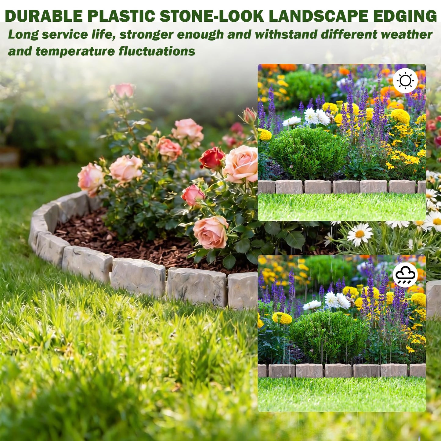 Landscape Edging Faux Stone Garden Edging Border with Anchoring Spikes,2.75 in Tall Decorative Stone-Look Garden Border for Flower Bed Edging,Lawn,Landscaped Yard,Trees and Gardens,91FT,Brown