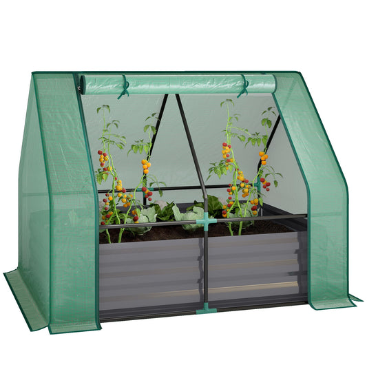 Outsunny 4 x 3ft Metal Planter Box with Mini Greenhouse, Galvanized Raised Garden Bed with Cover for Herbs and Vegetables, Small Greenhouse for Patio Garden Balcony, Green and Dark Gray