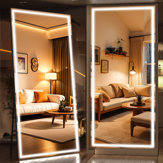 WINNICE 95" x 40" Full Length Mirror with Lights, Large LED Lighted Floor Standing Body Mirror, Dimmable & 3 Color Lighting for Home Gym, Cloakroom, Living Room, Tempered Glass, Black Frame