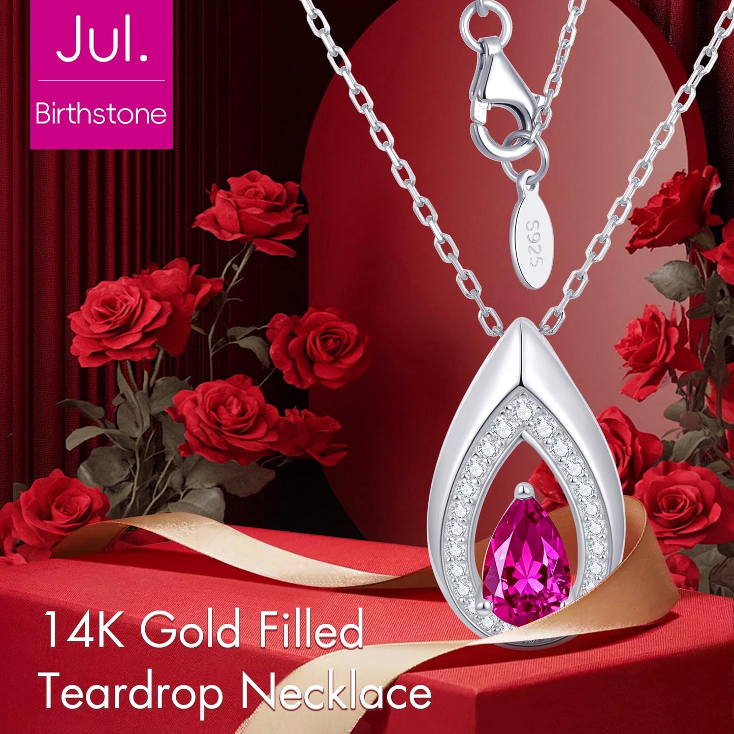 Kstyle 925 Sterling Silver Ruby July Birthstone Pendant Necklace Teardrop Jewelry Valentine's Day Anniversary Birthday Gift for Mom Sister Wife Daughter Non Tarnish