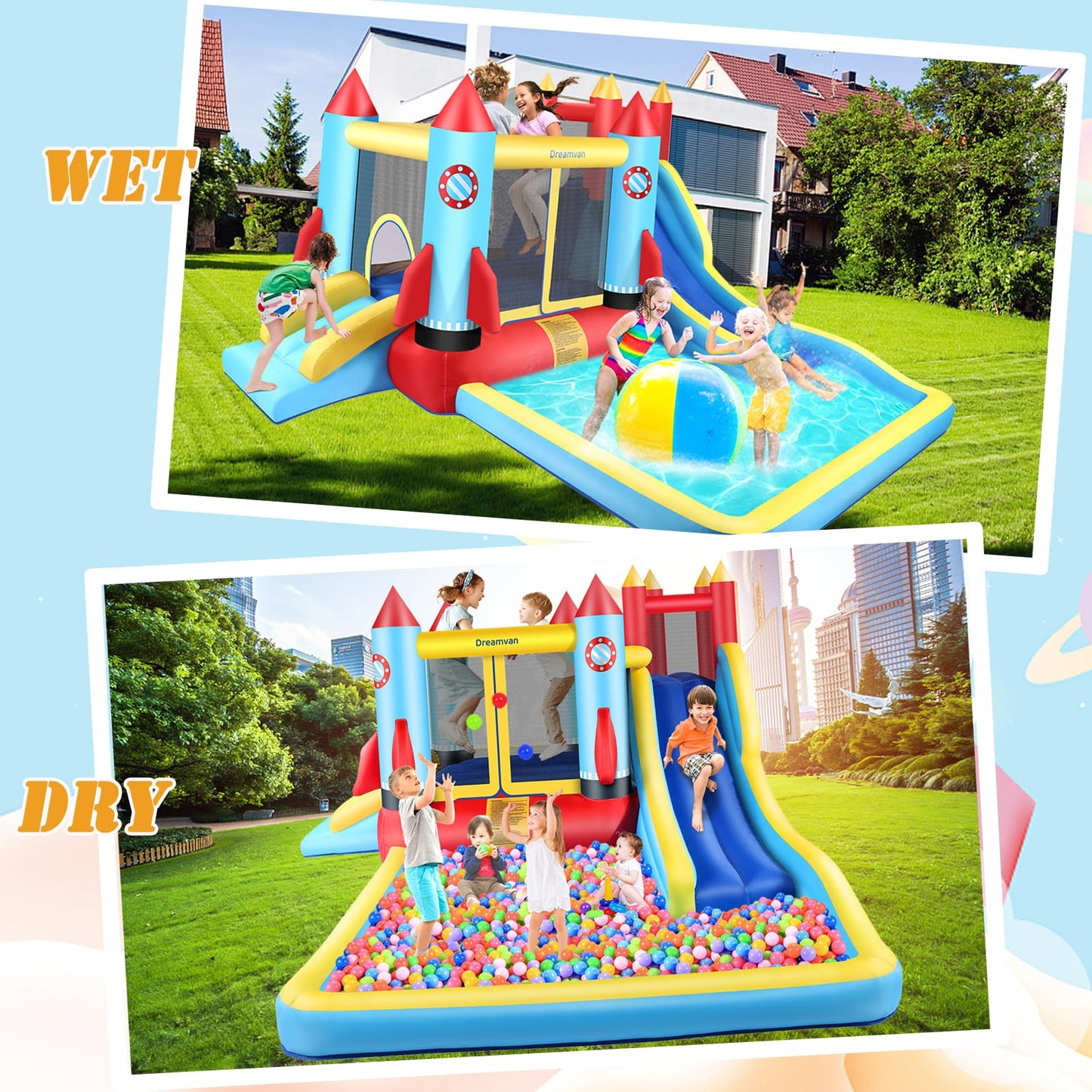 Inflatable Bounce House for Kids 146 x 132 x 82 inch, Indoor/Outdoor Bouncy House with Large Splashing Pool, Bouncing Area, 2 Water Slides,Climbing Wall, UL Certified Blower Included1