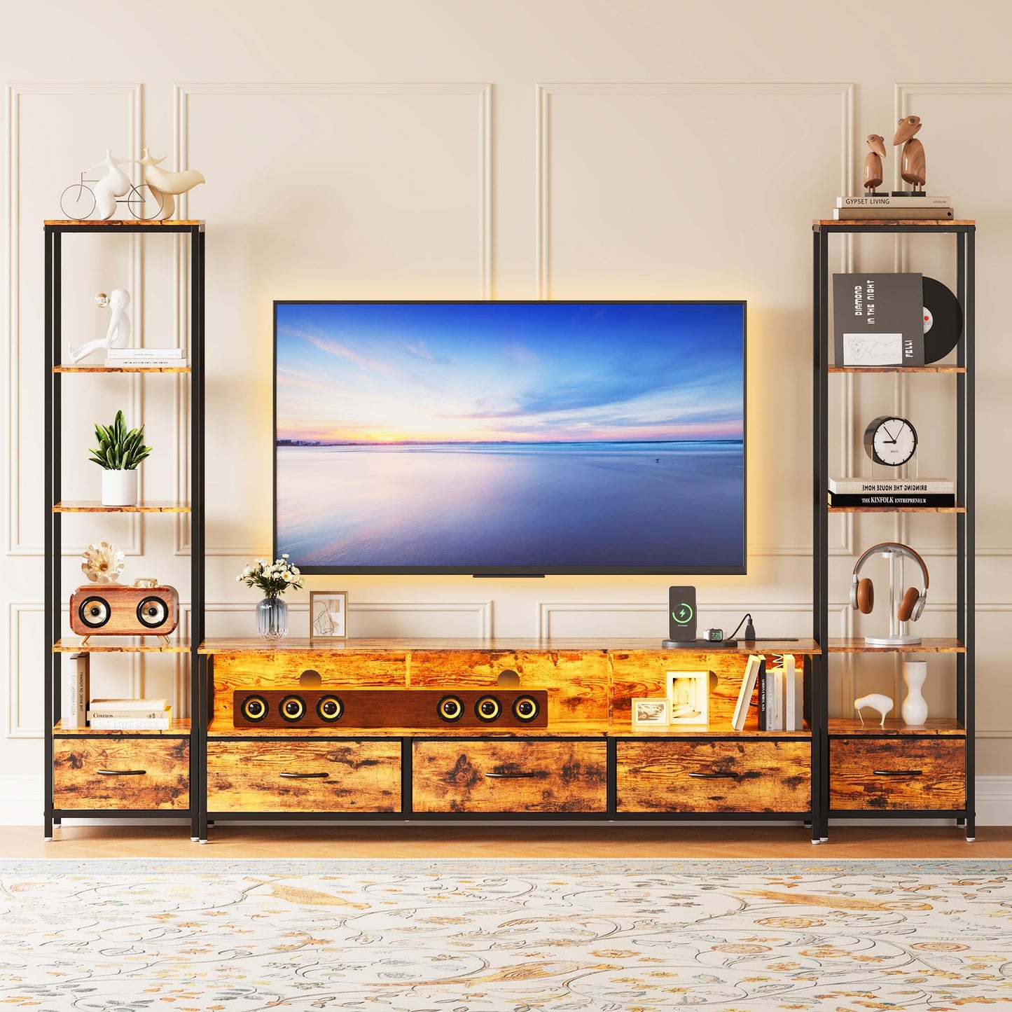 Takywep Modern TV Stand with Bookshelf, Wood and Metal Compact Entertainment Center with Fabric Drawer, LED Lights & Charging Hub for Living Room