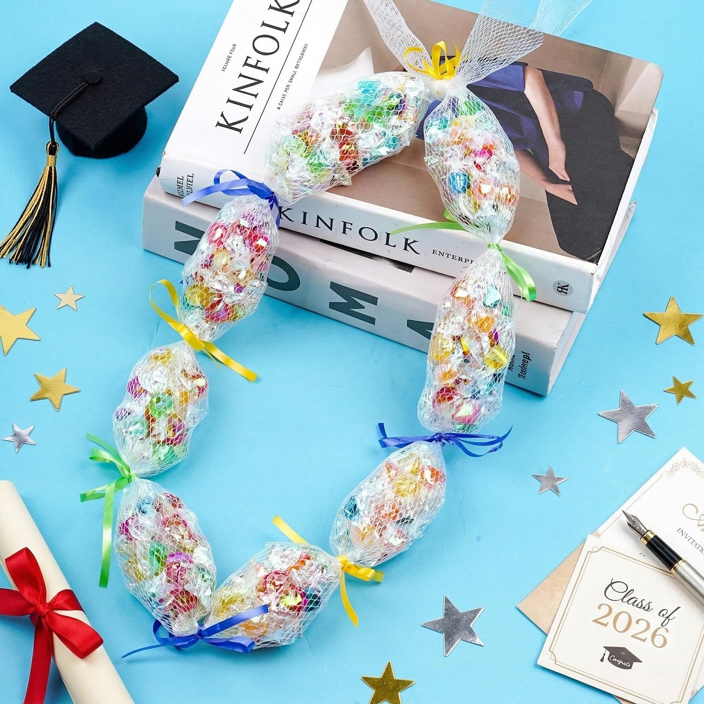 Sucrain 131 FT 2026 Graduation Candy Lei Netting Tubing,1 Roll Clear Graduation DIY Hawaiian Lei Mesh Bags with 3 Colors Ribbon Making Kit for Graduation Party Lei Kit DIY Wreaths Wedding Supplies
