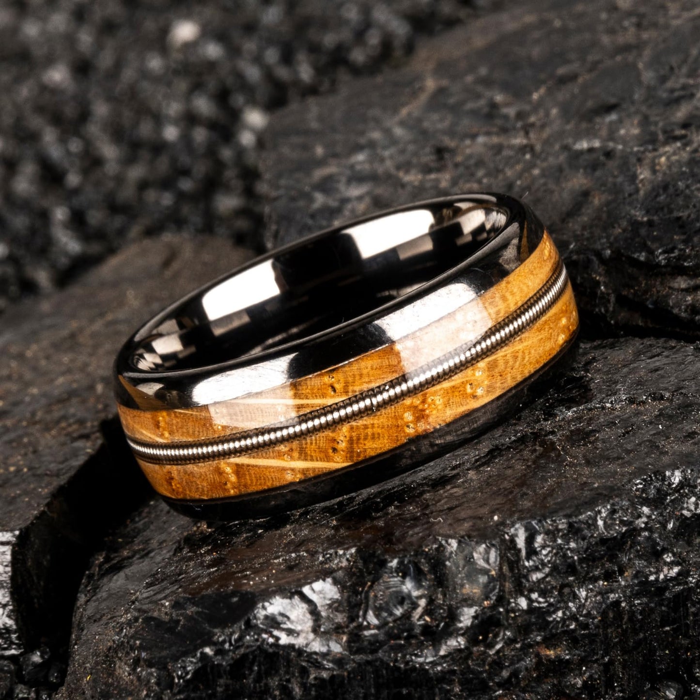 JEWPER 8mm Men Womens Wedding Band Tungsten Rings dark gun black Fashion Promise Carbide Inlaid Guitar Strings whiskey barrel wood Matte Finish Edge Comfort Fit Size(11)