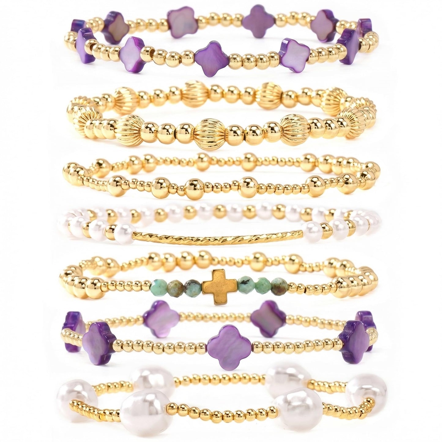 14K Gold Beaded Purple Clover Stackable Bracelets for Women,7PCS/Set Boho Cross Pearl Beads Stretch Bracelets Stack Fashion Holiday Birthday Prom Jewelry Accessories Gift Friendship Sister