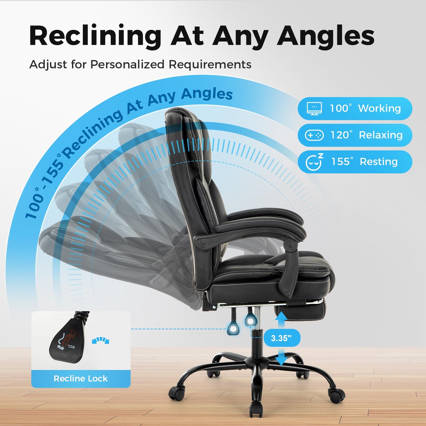 MAISON ARTS Ergonomic Office Chair, Big and Tall Executive Chair with Foot Rest, Computer Desk Chair with Padded Armrests, Rolling Swivel Faux Leather Chair for Home Office Man Woman, Black