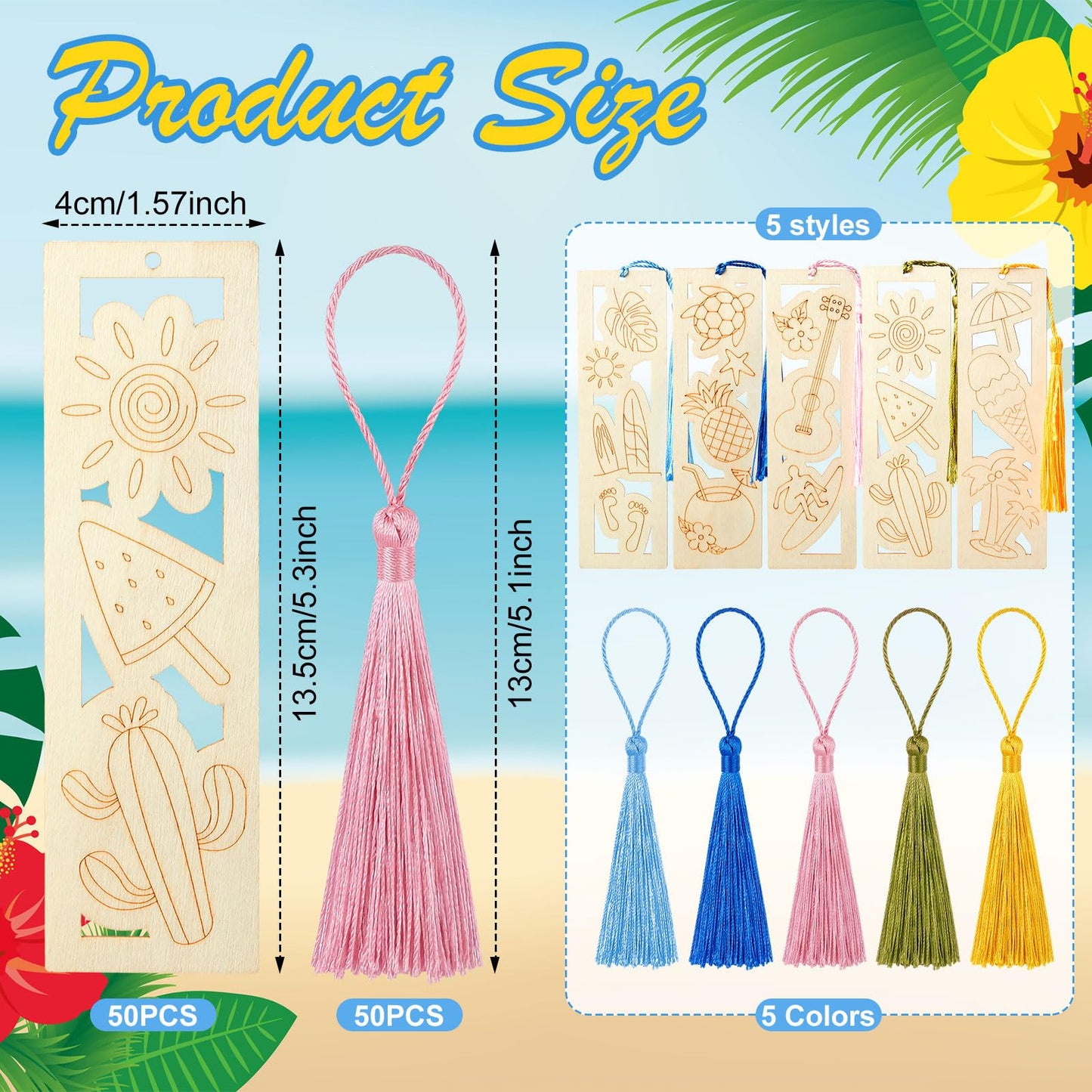 Yexiya 100 Pcs Bulk DIY Wooden Bookmarks Kit - 50 Set Tropical Hawaii Unfinished Wood Crafts with 50 Colorful Tassels for Classroom Rewards, Student Gifts, Summer Camp, Luau Party Favors, Art Projects