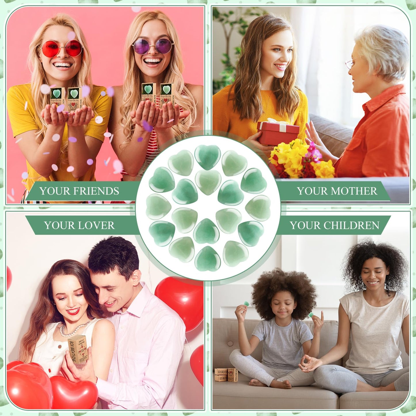 Landical 50 Sets Mother's Day Pocket Hug Token Gifts Bulk Little Heart Rocks Small Crystal Heart Stones Bulk with Boxes for Birthday Party Colleagues Family Celebration of Life Gifts (Green)