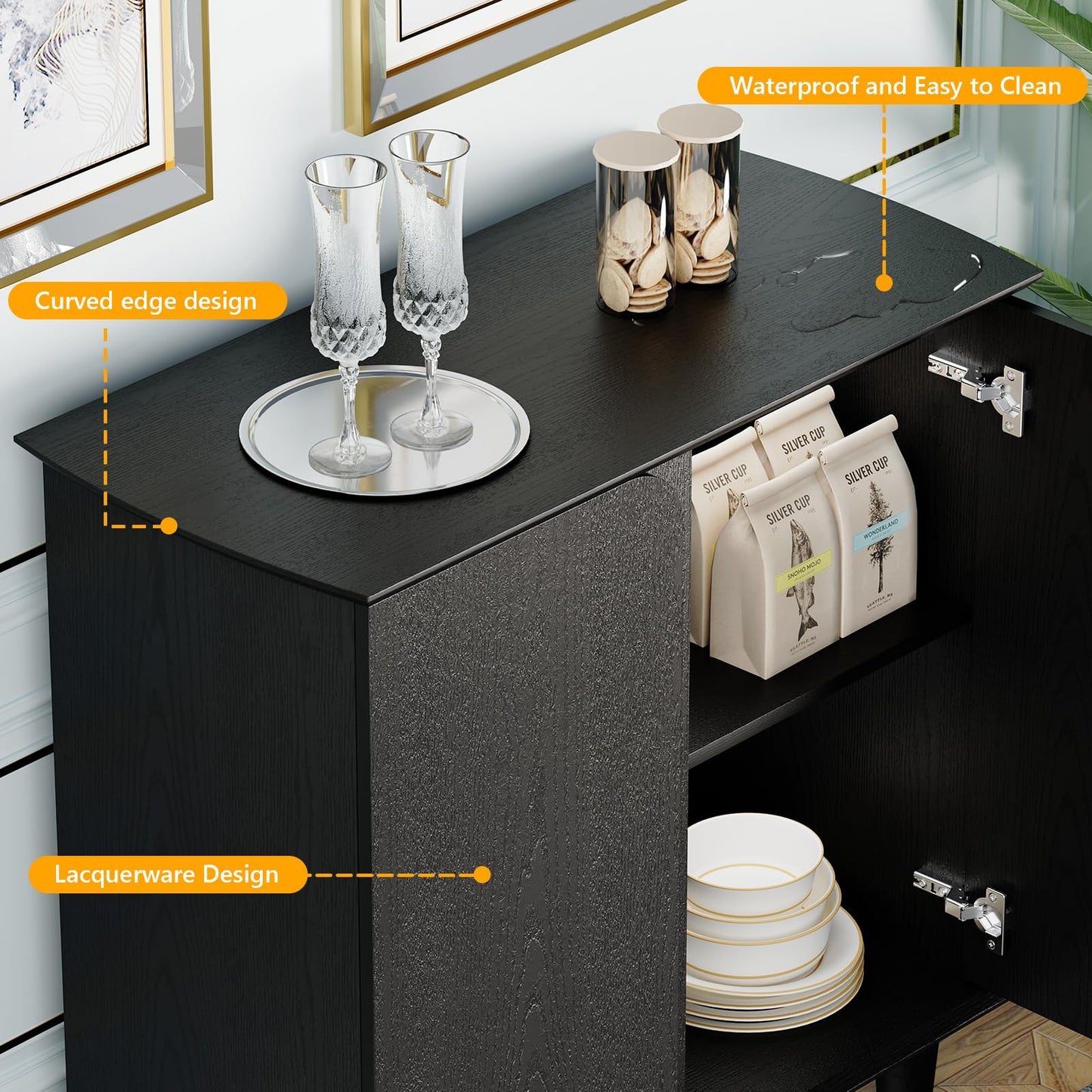 Plamle Curved Edge Sideboard Buffet Cabinet with Storage, Modern Black Freestanding Kitchen Cabinet with Raised Legs and Smooth Paint Finish for Living Room, Entryway, Dining Room