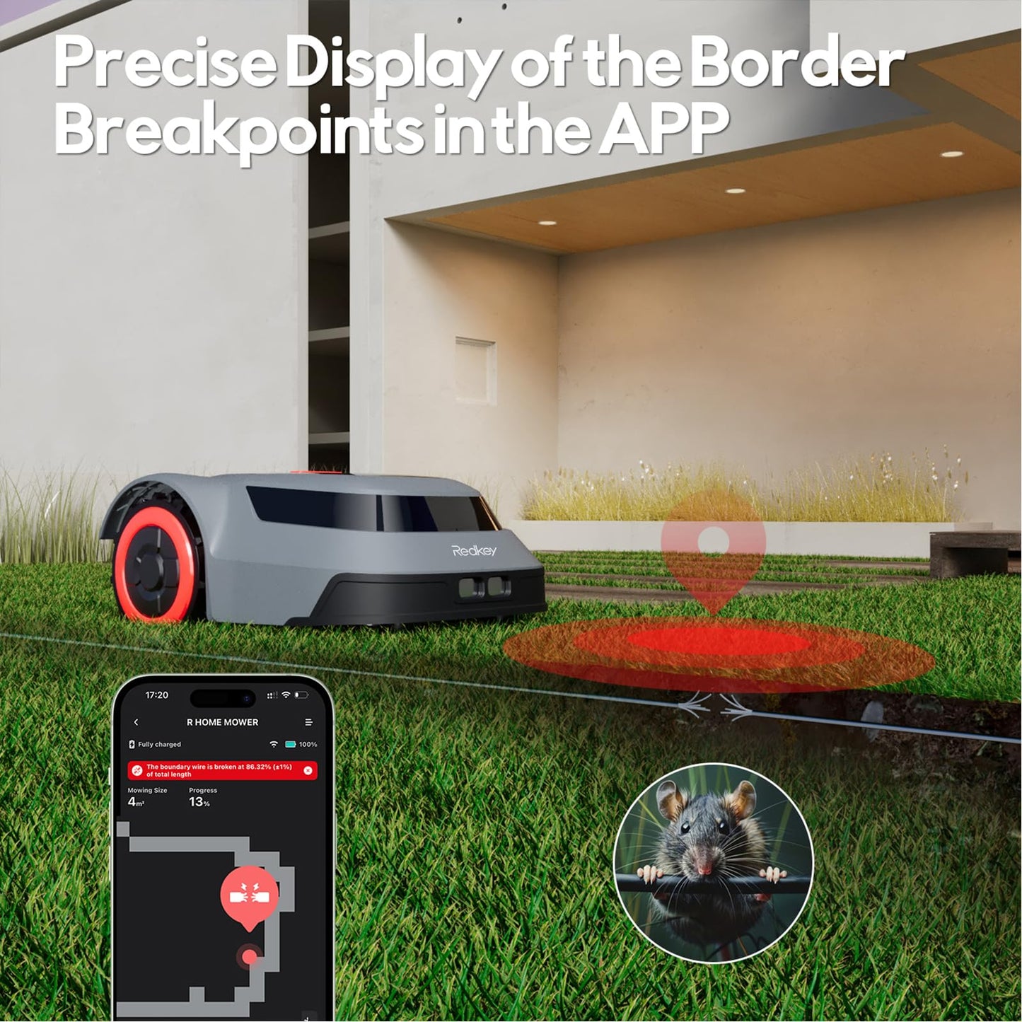 Redkey MGC500 Robot Lawn Mower with 393ft Boundary Wires for 0.12 Acre (1/8 Acre), 45% Slope, 70Mins Runtime, Auto Recharge, Automatic Robotic Lawn Mower w/Precise Location & Breakpoint Detection