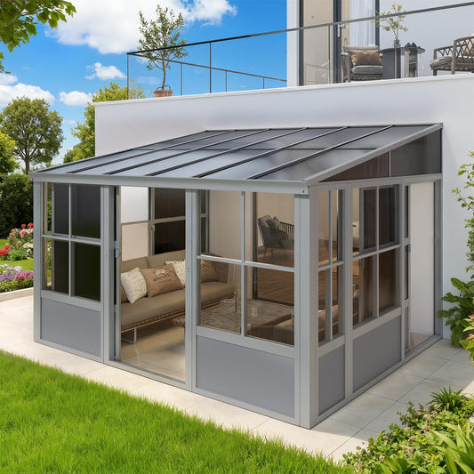 YOLENY 10x12 FT Wall Mounted Sunroom with Polycarbonate Sloping Roof, 3-Side Lockable Entrance & Removable PC Screen, Outdoor Permanent Sun Room Lean to Gazebo for Deck Patio, Grey