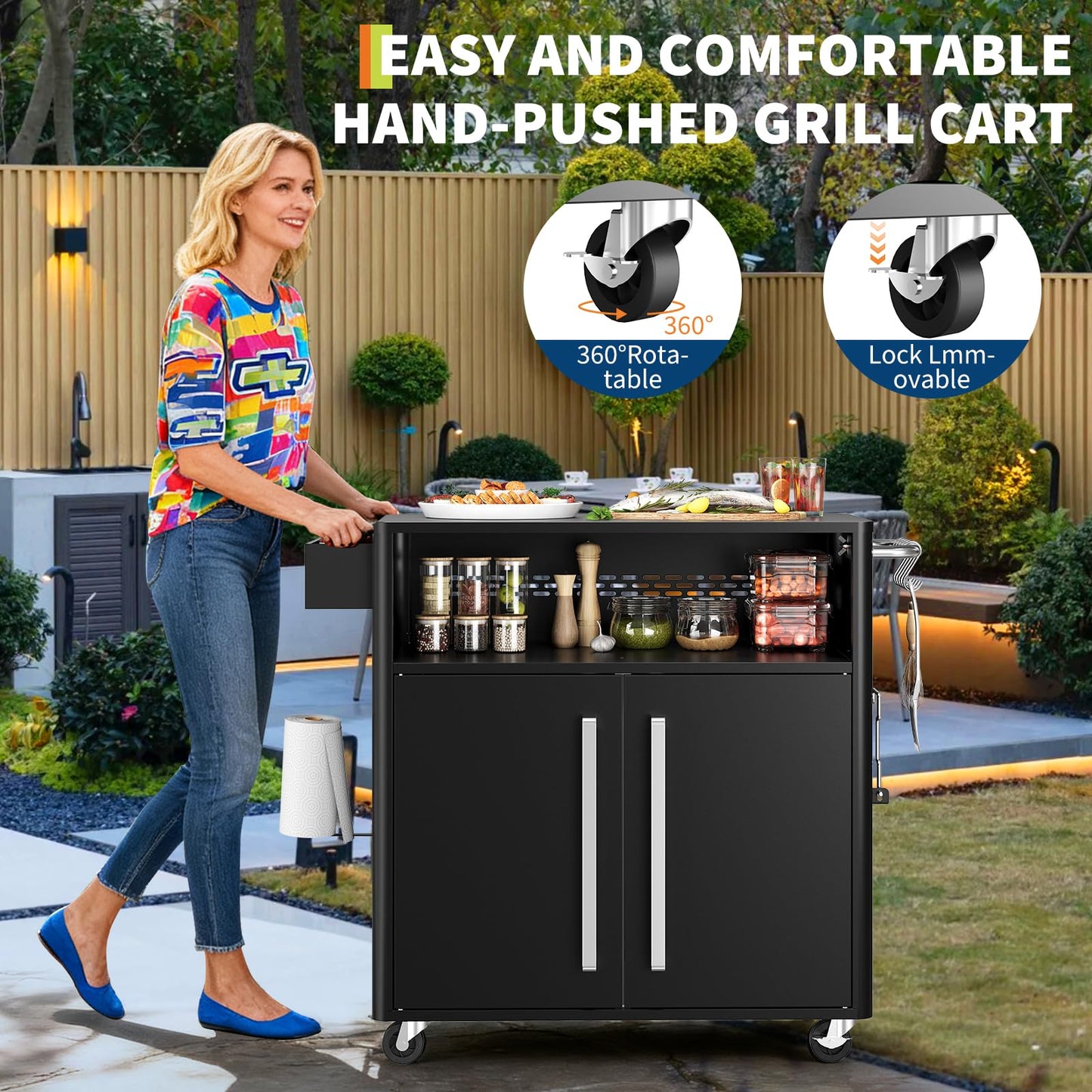 Garvee Grill Table, Outdoor Grill Cart with Storage Cabinet, Kitchen Cart Island Multifunction Food Prep Table Stainless Steel Surface, Outside BBQ Backyard Include Hooks Spice Rack