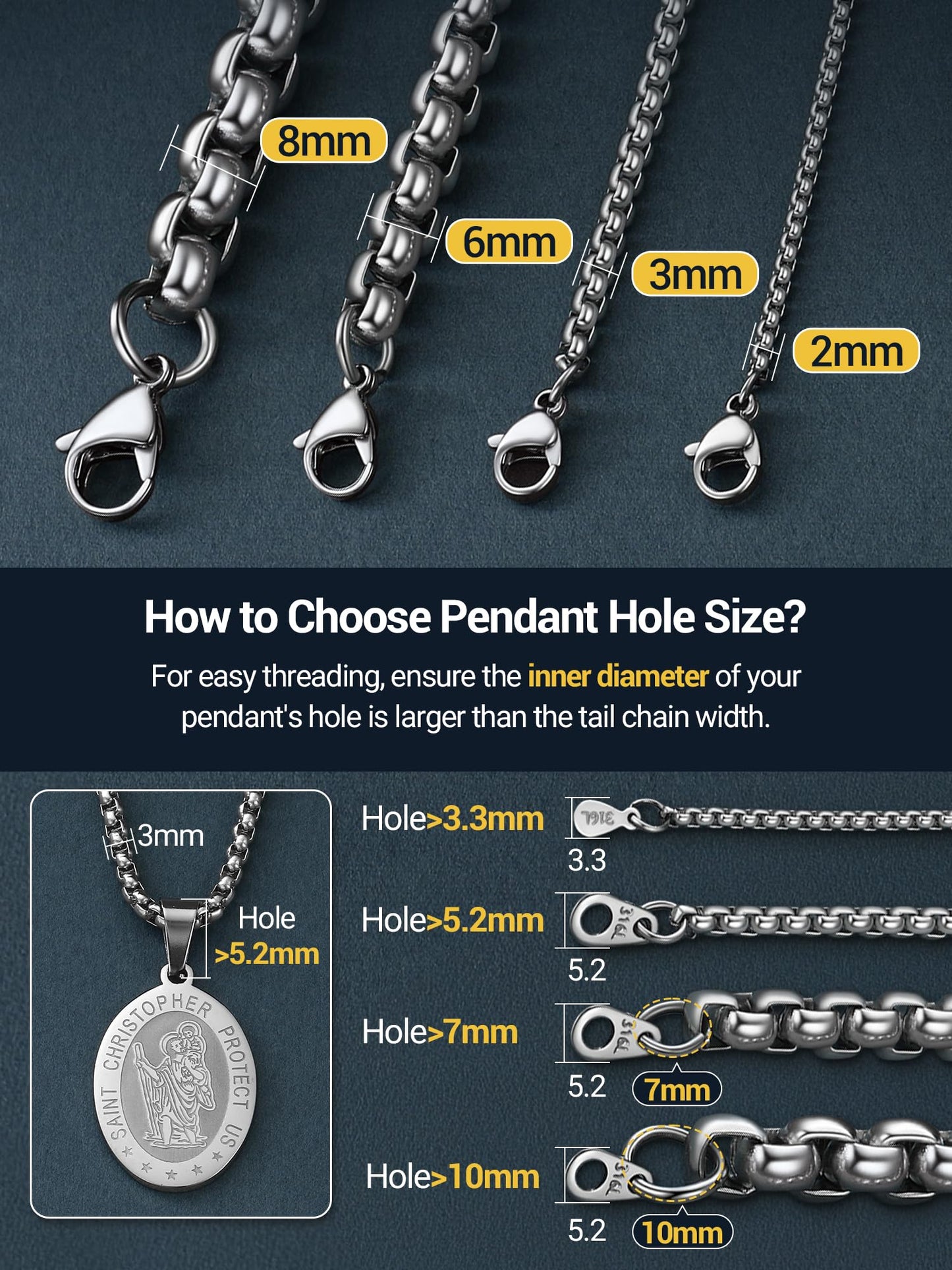 PROSTEEL Mens Chain Necklace, Squre Rolo Link Chains Chunky Stainless Steel Necklace 8mm Waterproof & Strong Lobster Clasp Mens Jewelry with Gift Box 20in