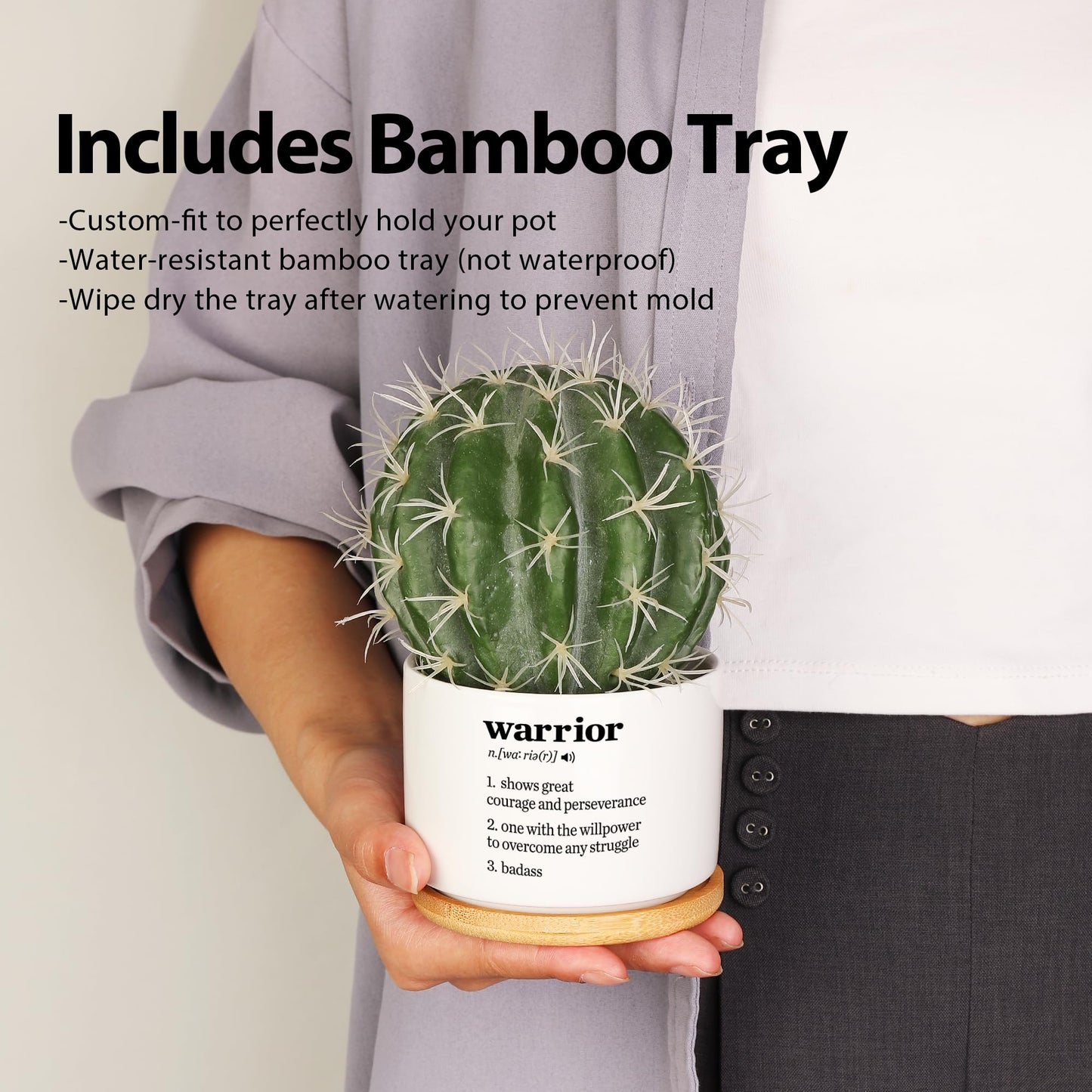 Warrior Definition Inspirational Gifts Ceramic Succulent Plant Pot with Bamboo Tray Round Motivational Encouragement Gifts Cancer Survivor Sobriety Home Decor Plant Lover 3.5 Inch White (No Plants)