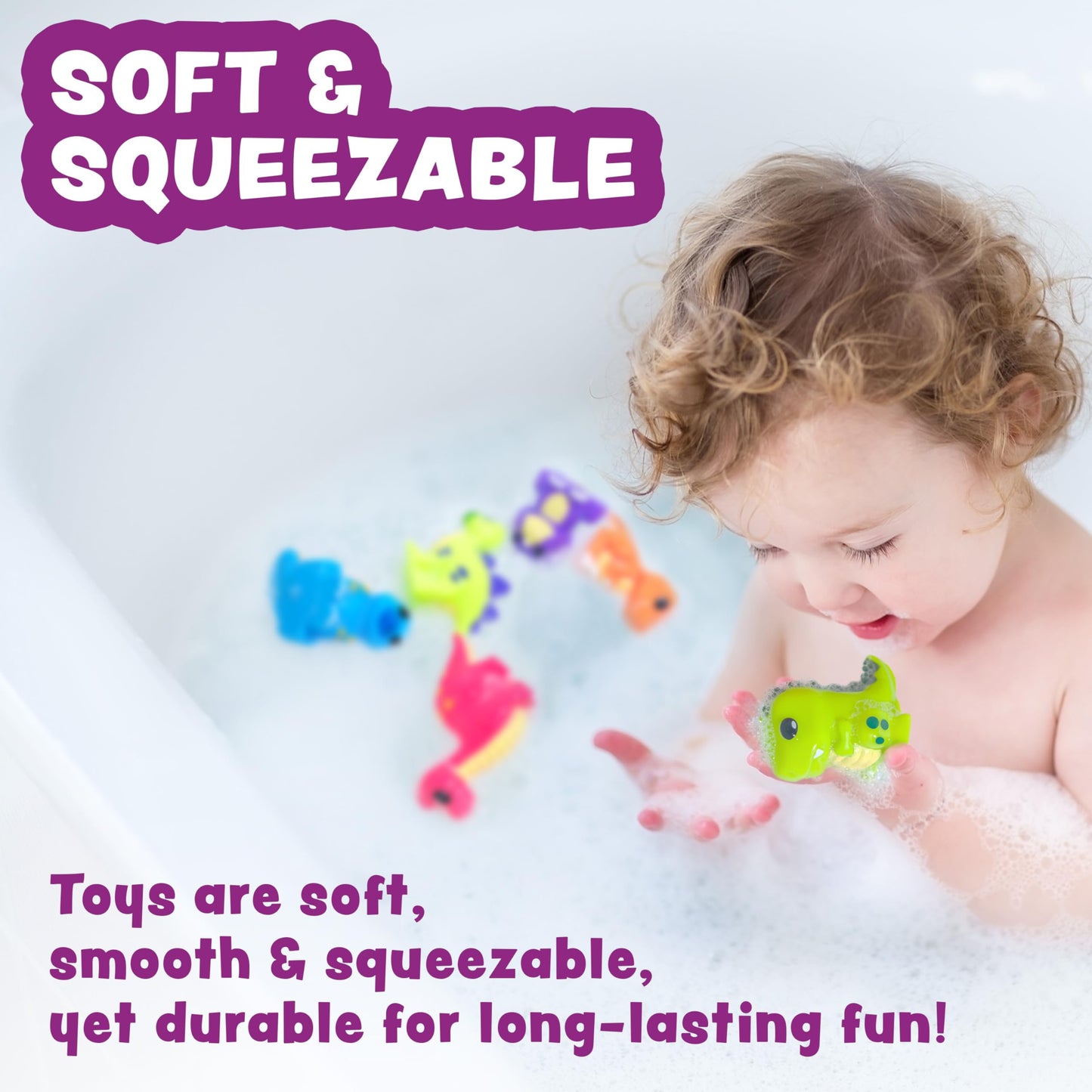 Tub Works® Dinosaur Mold Free Bath Toys, 6 Pack | Sealed, No Hole Bath Toys Design Keeps Moisture Out | Soft, Squeezable & Float on Water | Easy-Grip Baby & Toddler Bath Toy Set | Great Baby Pool Toys