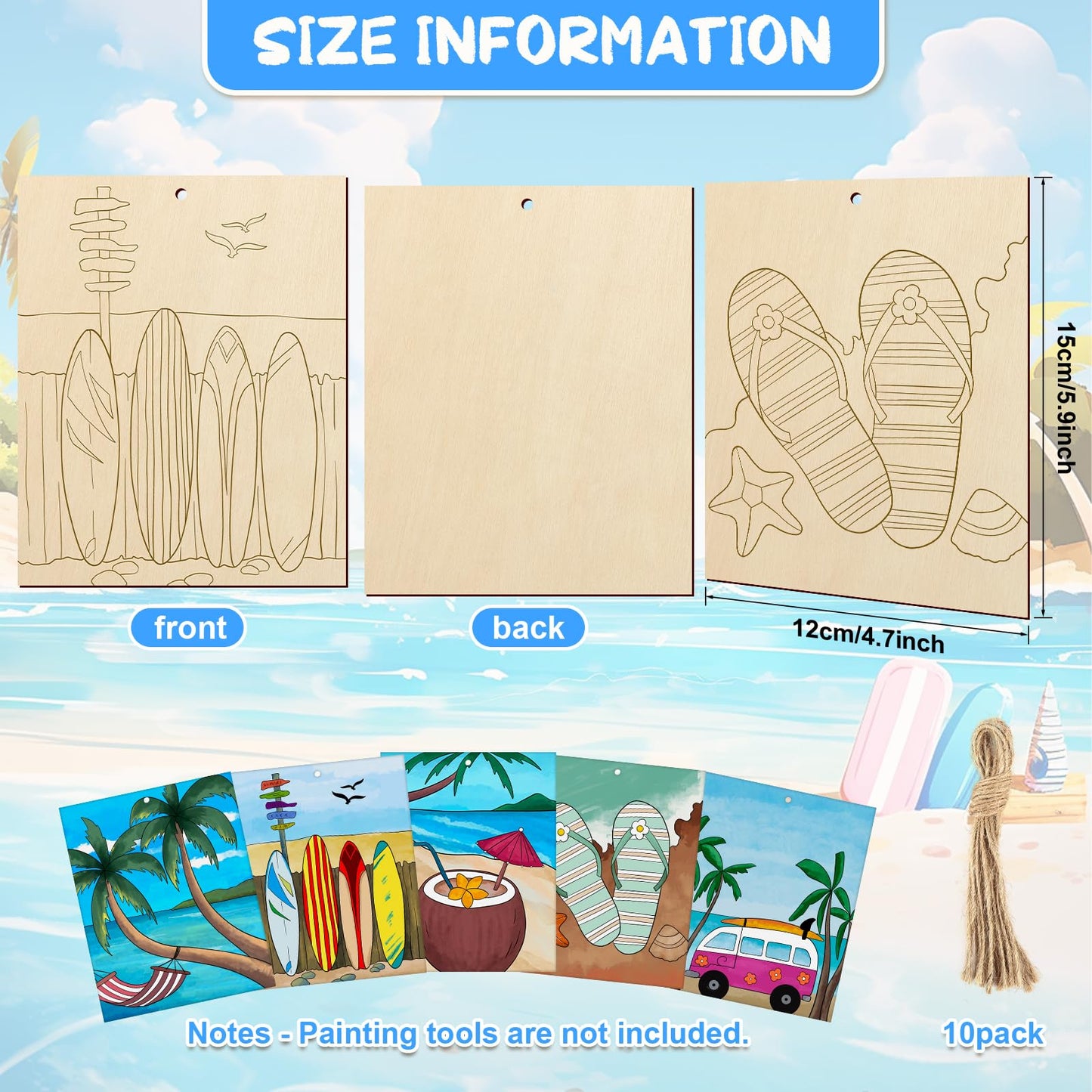 COCHIE 10 Pieces Large Summer Unfinished Wood Crafts to Paint for Adults, Bulk Predrilled Wooden Ornaments for Painting, Beach Paintable Wood Slices Craft Supplies with Ropes