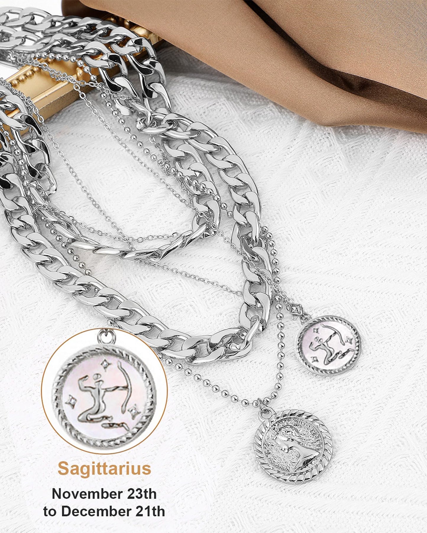 MJartoria Gold Layered Necklaces for Women Trendy Retro Coin Pendant Necklace Dainty Chunky Chain Choker Necklaces for Jewelry Birthday Gifts (Silver, Zodiac-Sagittarius-3PCS Layered)