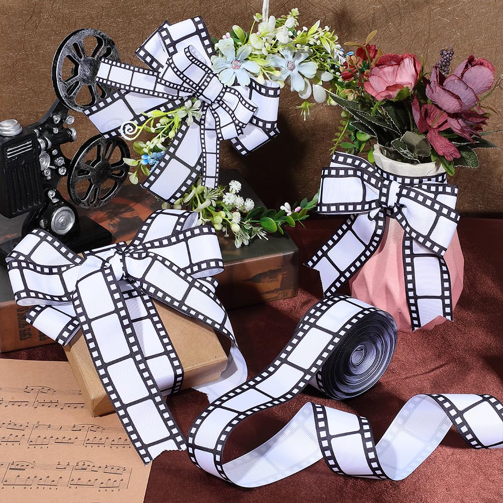 PH PandaHall 20 Yards Filmstrip Ribbons 1.5inch Black and White Film Border Roll Film Pattern Ribbon Movie Themed Decorating Material for Movie Night Theater Theme Party Gift Wrapping Table Decor