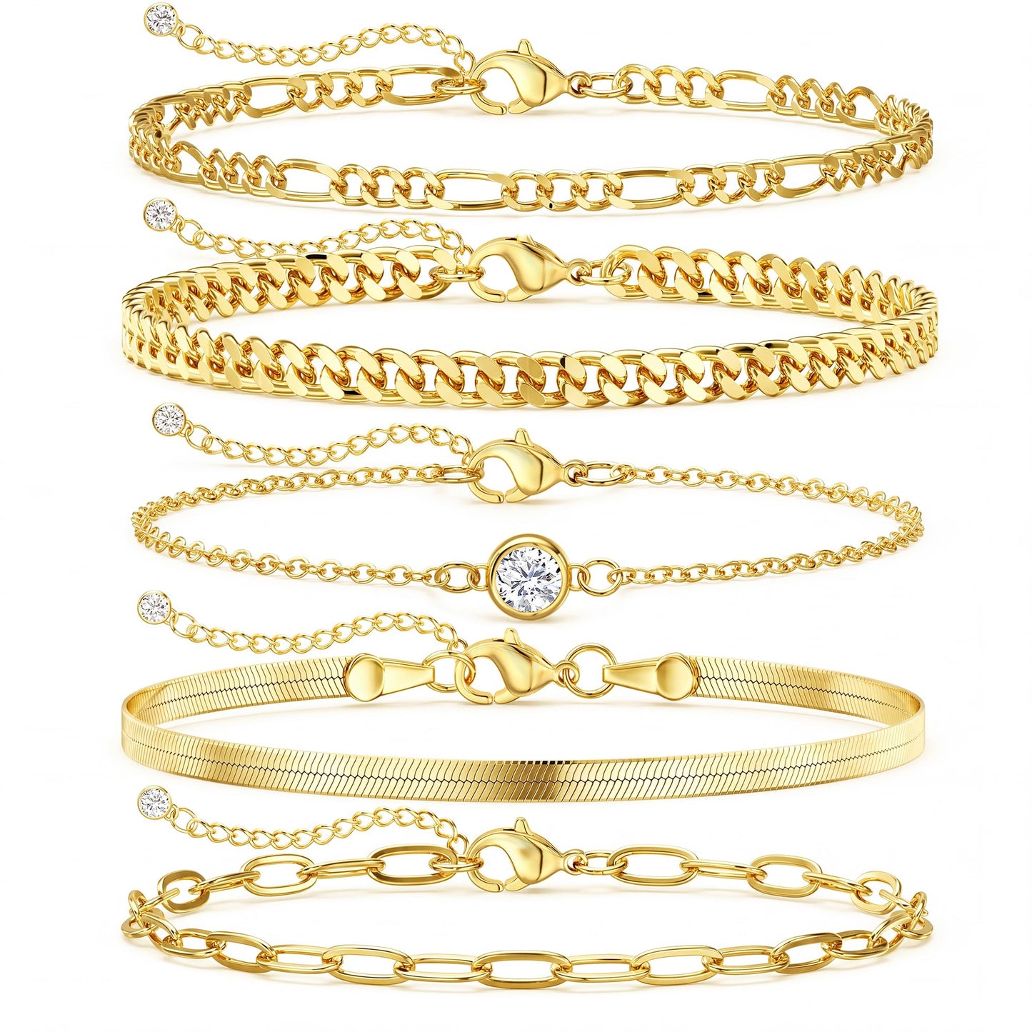 DEARMAY Gold Plated Bracelets for Women, 14K Real Gold Jewelry Set Cuban Link Beaded Chain Bracelets Figaro Paperclip Rope Herringbone CZ Bracelet Pack Gifts