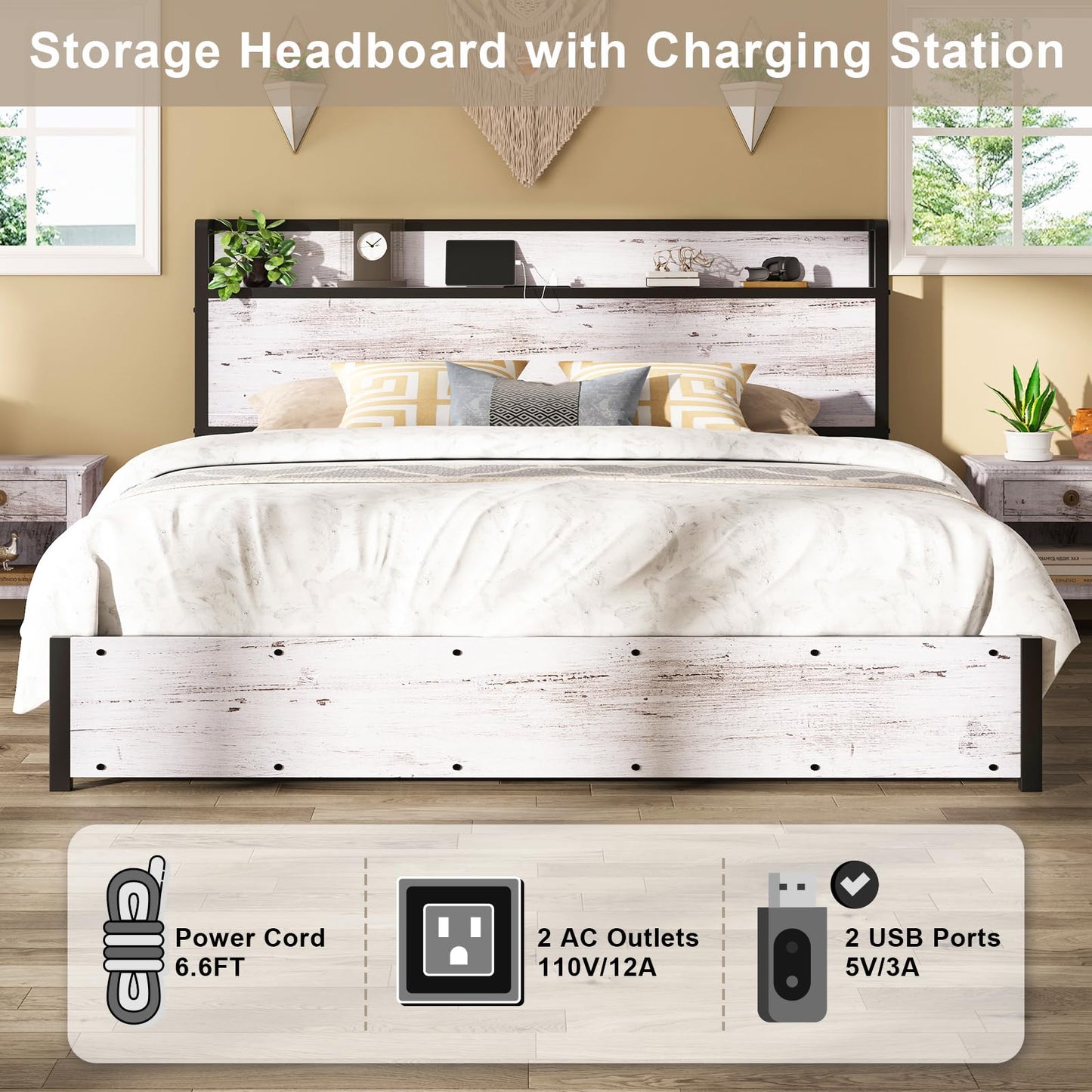 AMERLIFE King Size Lift Up Storage Bed Frame, Wooden Platform Bed Frame with Lifting Storage & Charging Station, No Spring Box Needed/Noise Free, White Birch